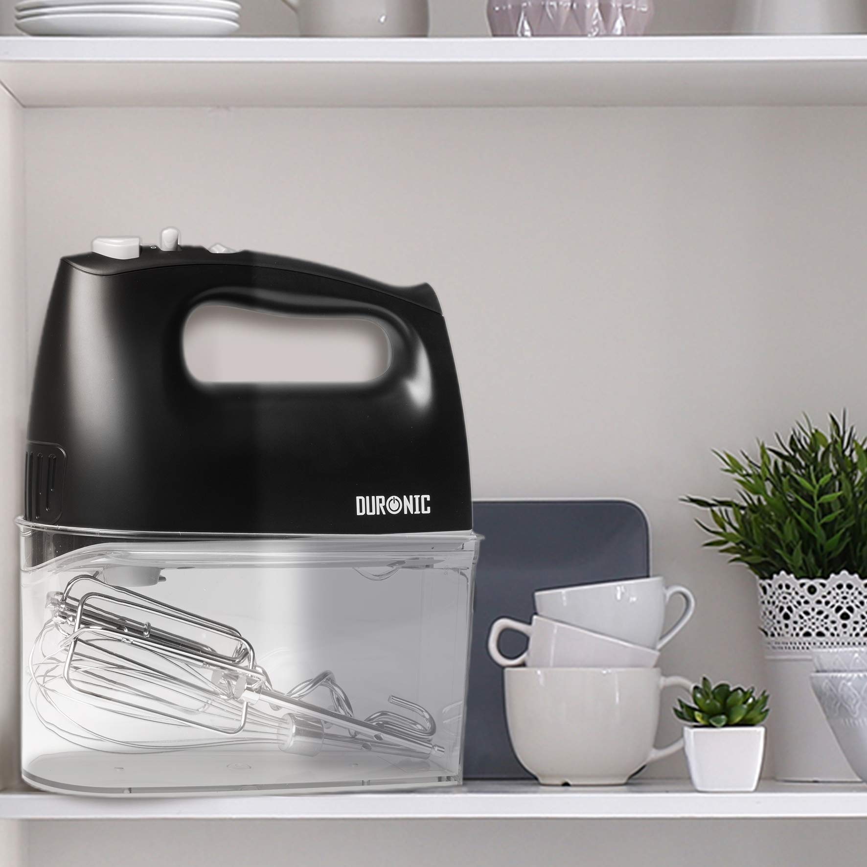 Duronic HM4 BK elektrischer Handmixer 400W, Handrührgerät mit Aufbewahrungsbox, Rührgerät Rührbesen Knethaken Aufbewahrungsbox, Rührmaschine, Küchenmixer, Handrührer, Mixer für Backen, Teig, Schwarz