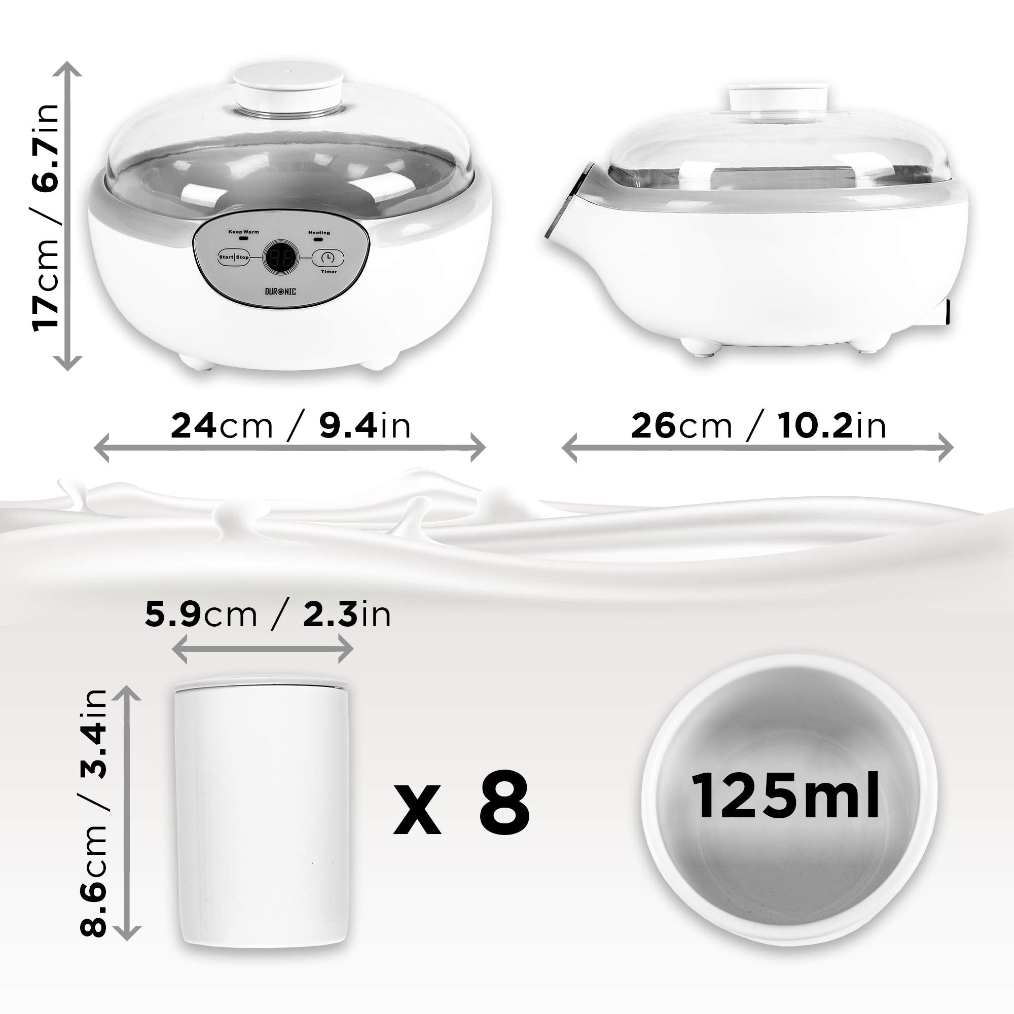 Duronic YM2 Joghurtmaschine | Joghurtbereiter mit 8 Keramikbechern und Deckel | 1000 ml Joghurt in 125 ml Portionen | Digitales Display | 24 Stunden Zeitschaltuhr | 20 Watt | Wärmefunktion mit 38°C