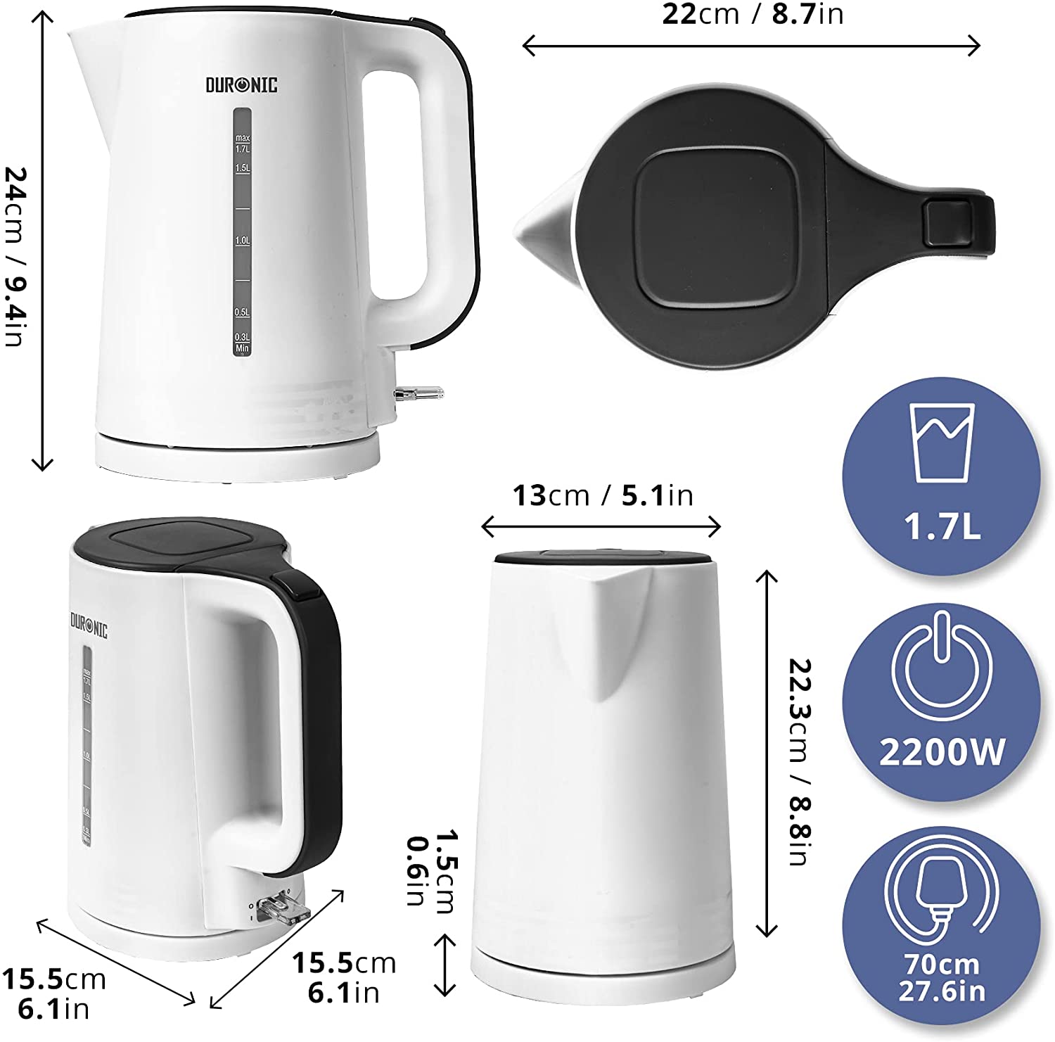 Duronic EK17 WE Wasserkocher | 1,7l Fassungsvermögen | 2200 Watt | Schnellkochend | Basis mit kabellosem Wasserkocher | Automatische Abschaltung | Zeitgemäßes Design | Weiß