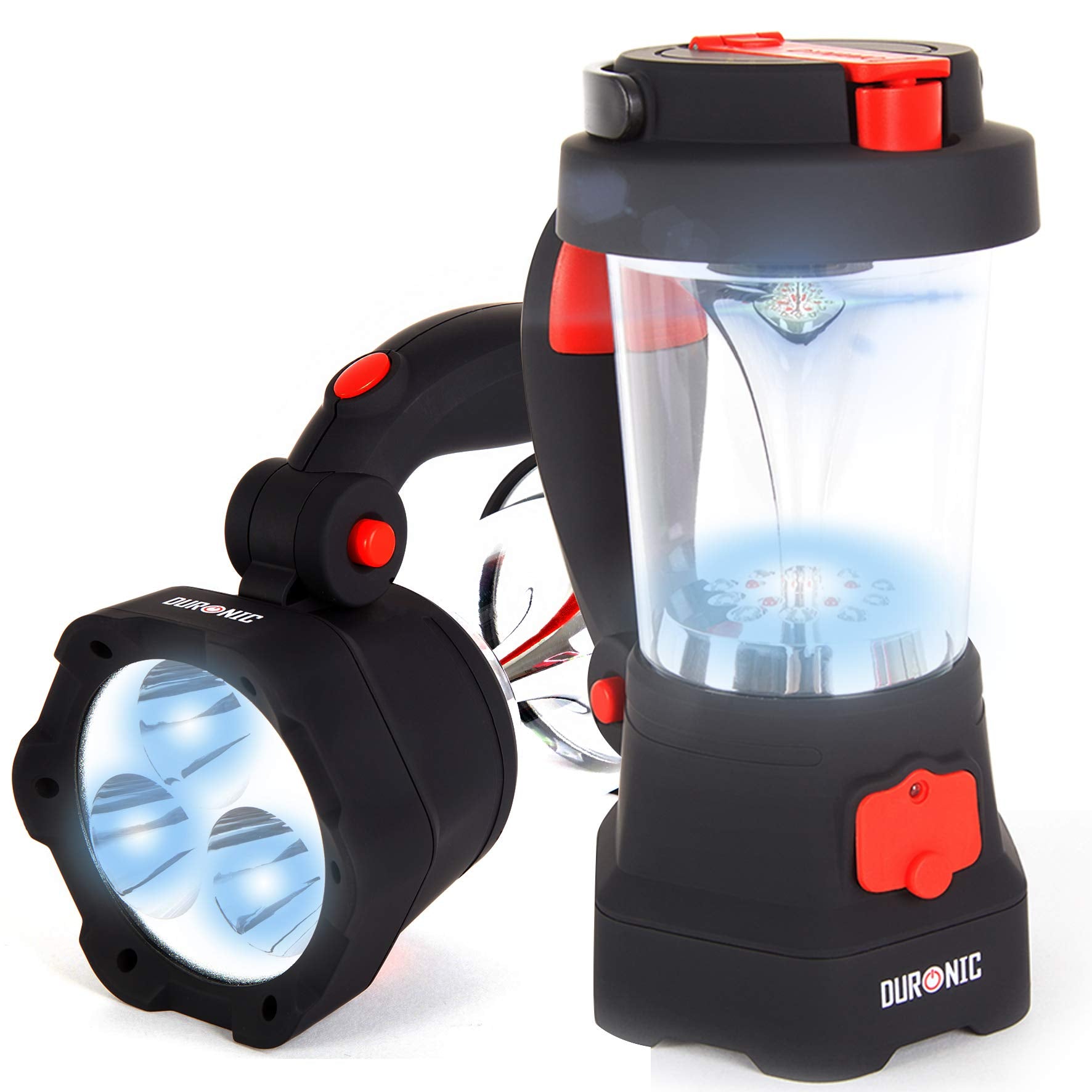 Duronic Hurricane Campinglampe, Taschenlampe mit Laterne und Notfallsignal, wiederaufladbar mit Kurbel oder USB, inkl. Powerbank Funktion, mit Haken