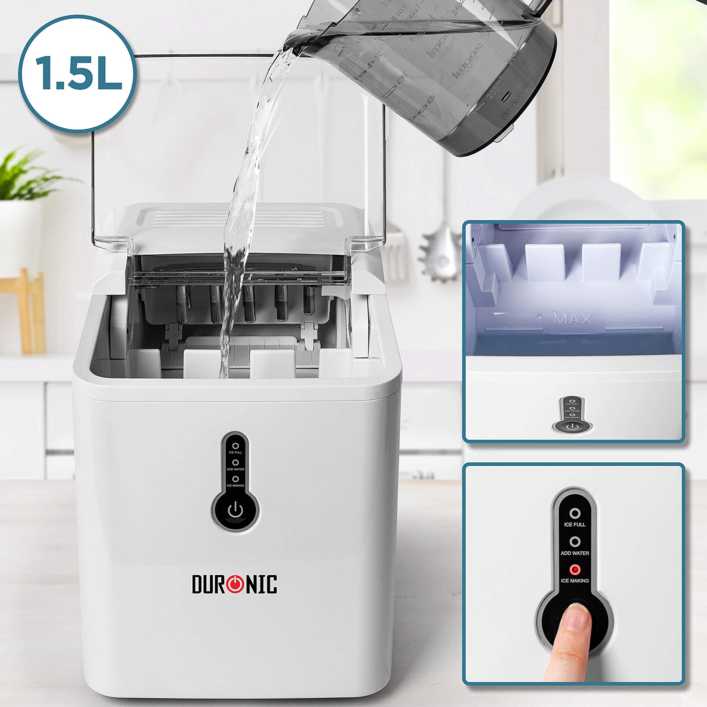 Duronic ICM120 Automatische Eiswürfelmaschine | 9 Eiswürfel in 7-9 min | 1,5 L Wassertank | Bis zu 12 kg pro 24 Stunden | 600 g Kapazität | Eismaschine 120W | Eiswürfelbereiter