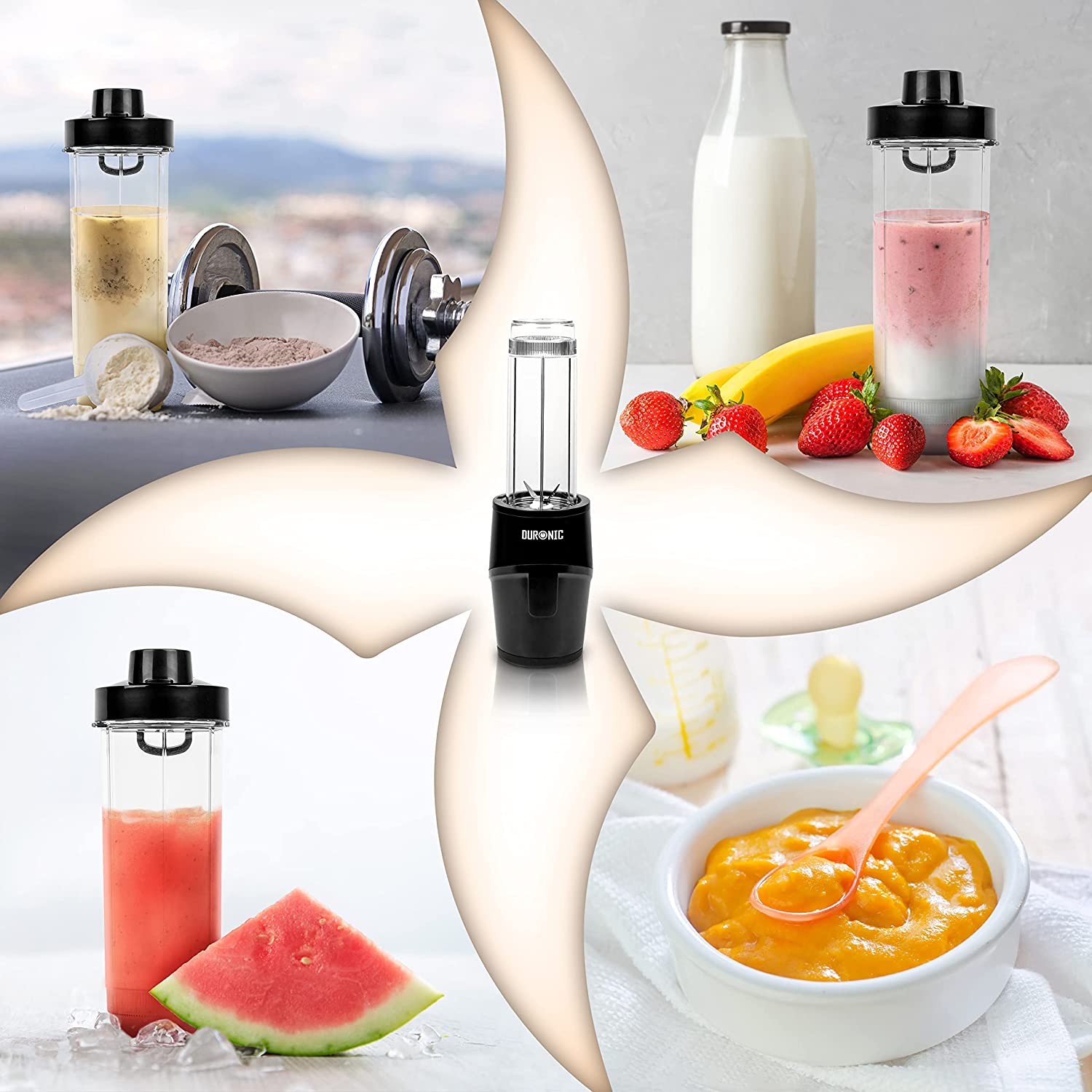 Duronic BL510 Mini-Standmixer, Mini Smoothie Maker, 500W Blender, Shake Mixer mit 570 ml Trinkflasche, Küchenhelfer, Hochleistungsmixer, Küchenmixer, für Protein Fitness Babynahrung Obst Saft