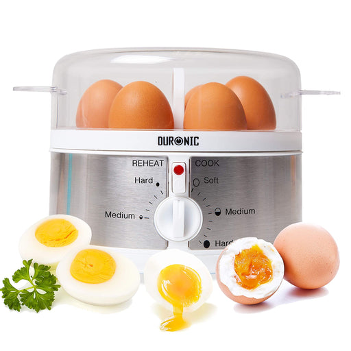 Duronic EB35 WE Eierkocher, für 1 bis 7 Eier - Härtegradeinstellung und Timer, Eier auf 2 verschiedene Arten gleichzeitig vorbereiten - Inklusive Messbecher und Eierstecher