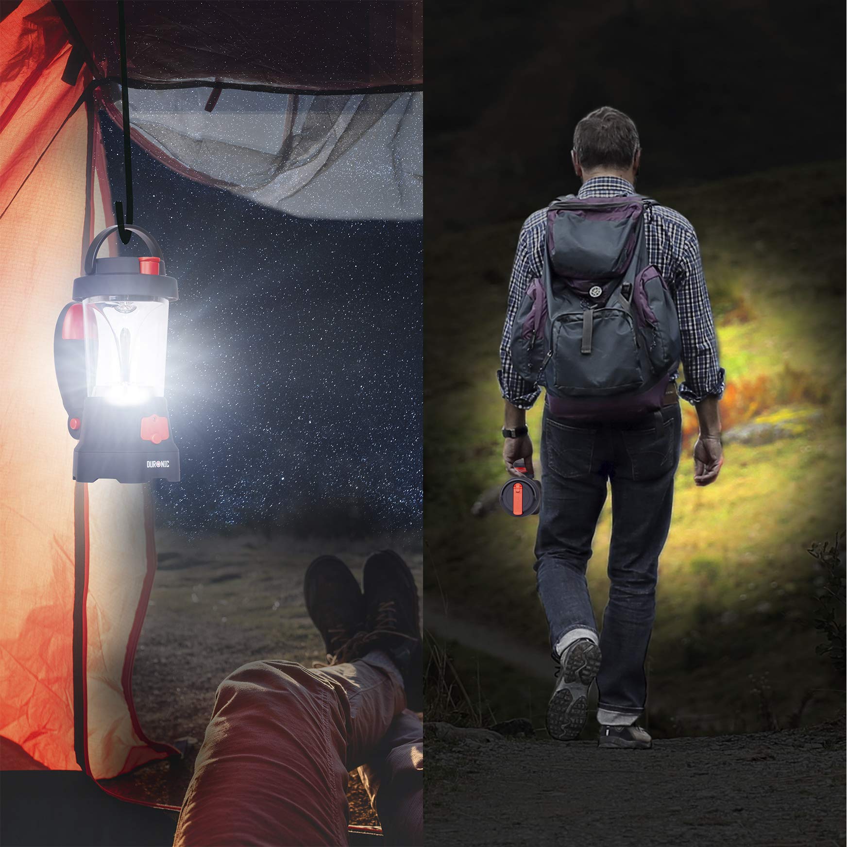 Duronic Hurricane Campinglampe, Taschenlampe mit Laterne und Notfallsignal, wiederaufladbar mit Kurbel oder USB, inkl. Powerbank Funktion, mit Haken