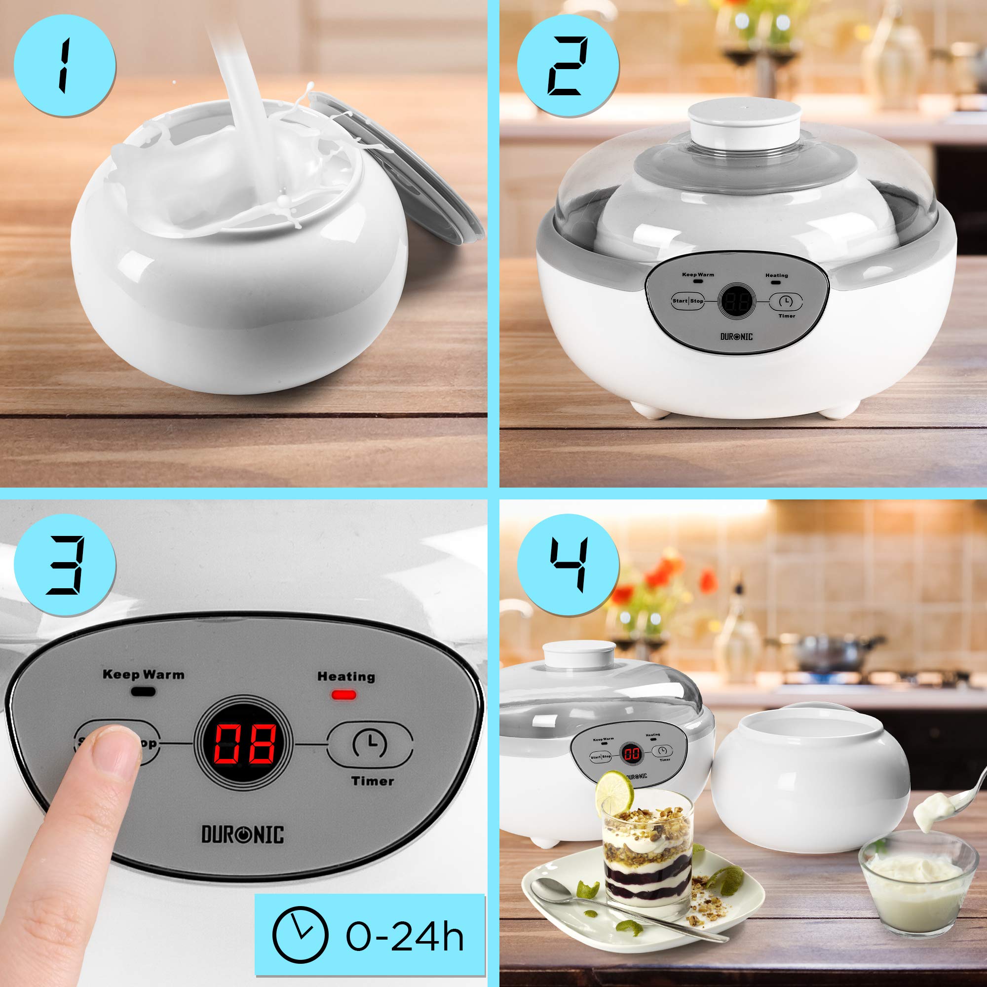 Duronic YM1 Joghurtmaschine | Joghurtbereiter mit 1500 ml Keramiktopf mit Deckel | Digitales Display | 24 Stunden Zeitschaltuhr | 20 Watt | Wärmefunktion mit 38°C | Yoghurt Maker mit Abschaltfunktion
