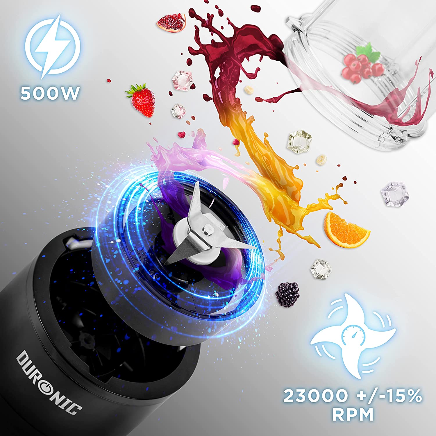 Duronic BL510 Mini-Standmixer, Mini Smoothie Maker, 500W Blender, Shake Mixer mit 570 ml Trinkflasche, Küchenhelfer, Hochleistungsmixer, Küchenmixer, für Protein Fitness Babynahrung Obst Saft