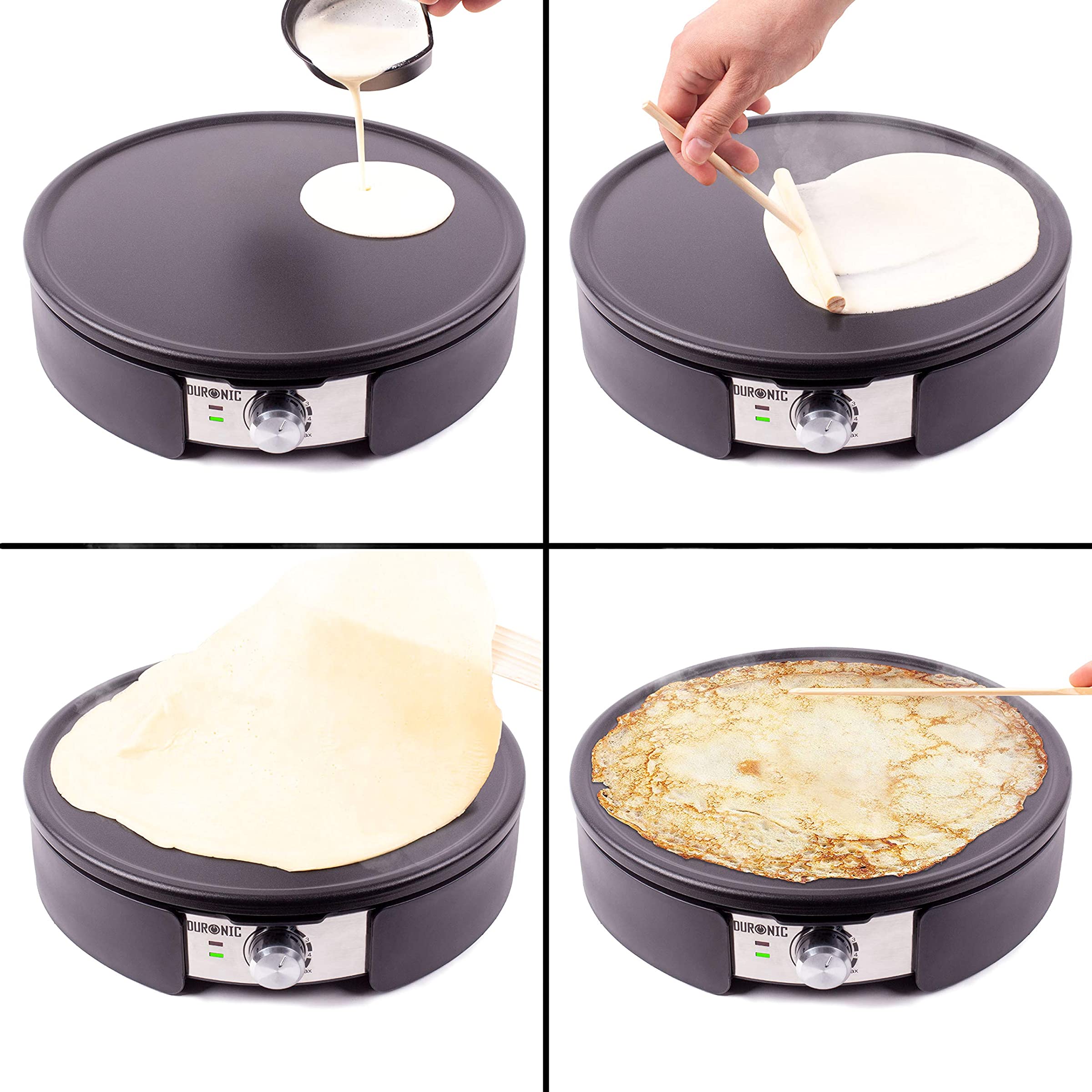 Duronic PM152 Crepesmaker, Crepes-Eisen für 37 cm XXL Crêpes, Tortillas Galettes Burritos Tacos Maker, Fiesta Elektrogrill mit Zubehör, Grillplatte mit stufenloser Temperatureinstellung, 1500 W