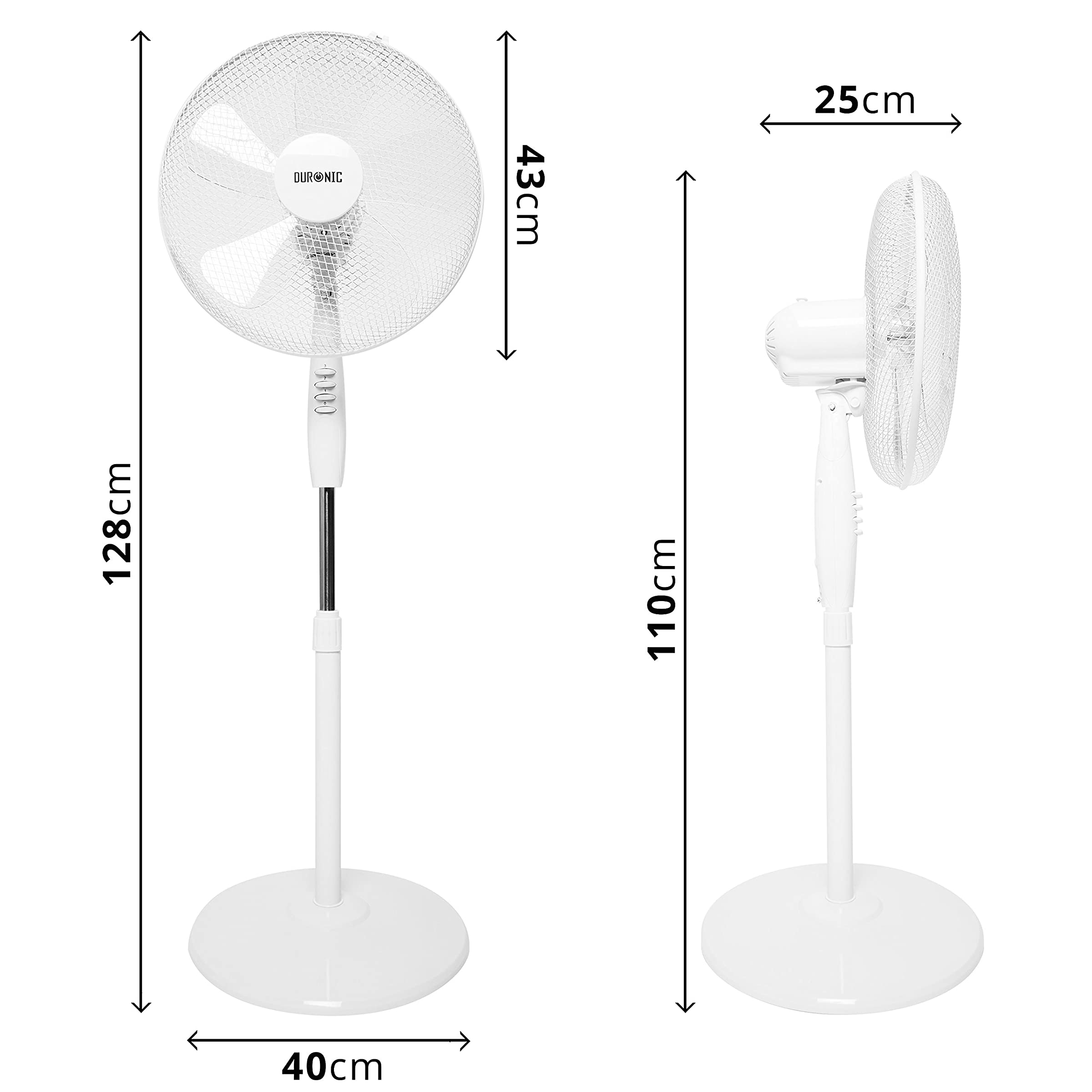 Duronic FN30 Standventilator | Ventilator höhenverstellbar bis 128cm | Hoher Luftdurchsatz und leise | Durchmesser 43cm | 3 Geschwindigkeitsstufen | Oszillierend | Mobiler Standlüfter | Lüfter mit 60W