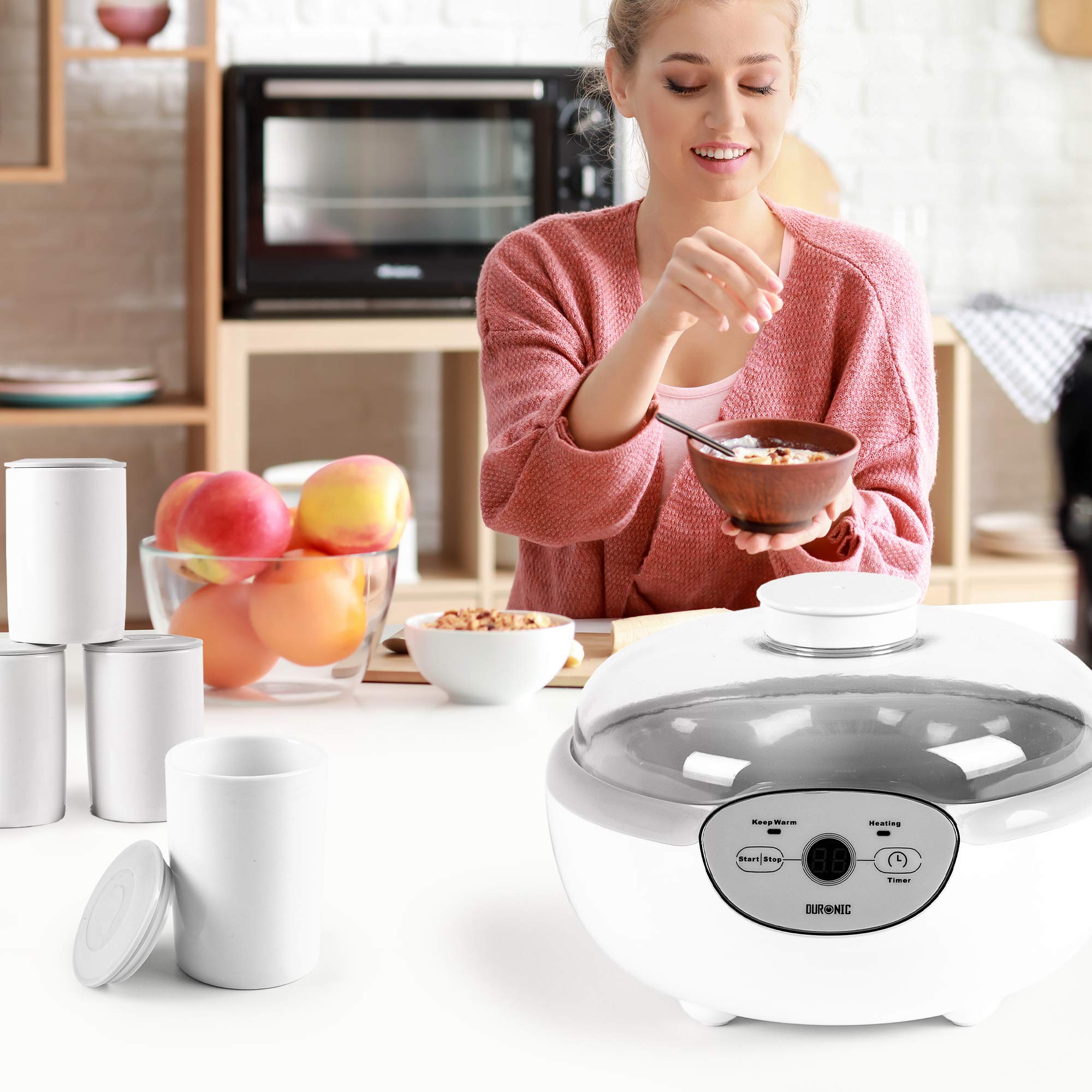 Duronic YM2 Joghurtmaschine | Joghurtbereiter mit 8 Keramikbechern und Deckel | 1000 ml Joghurt in 125 ml Portionen | Digitales Display | 24 Stunden Zeitschaltuhr | 20 Watt | Wärmefunktion mit 38°C