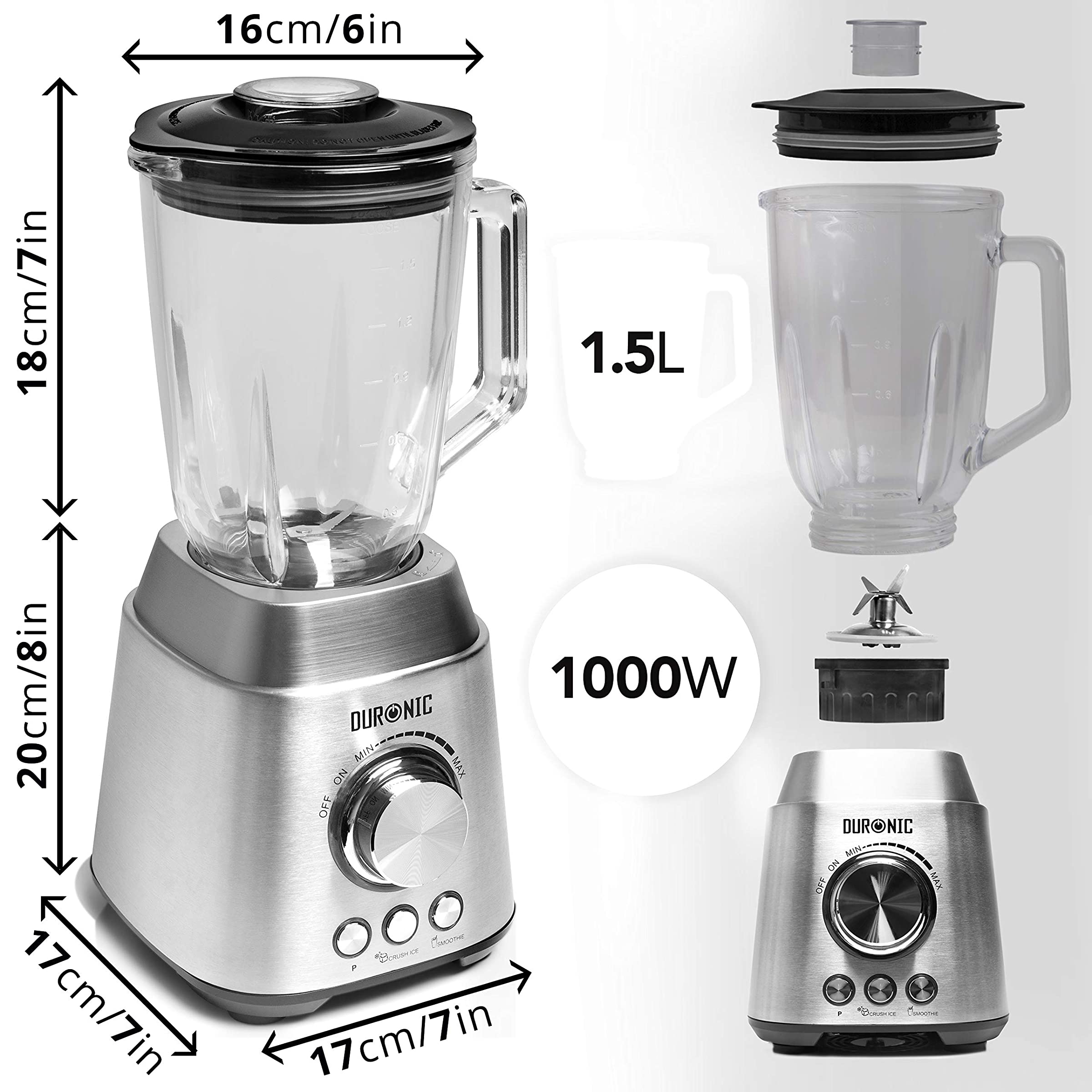 Duronic BL102 Standmixer, 1000W Blender, Mixer mit 1,5L Glaskrug, Smoothie Maker, Küchenhelfer, Hochleistungsmixer, Küchenmixer, Eiscrusher, Multifunktionsmixer für Babynahrung Protein Fitness