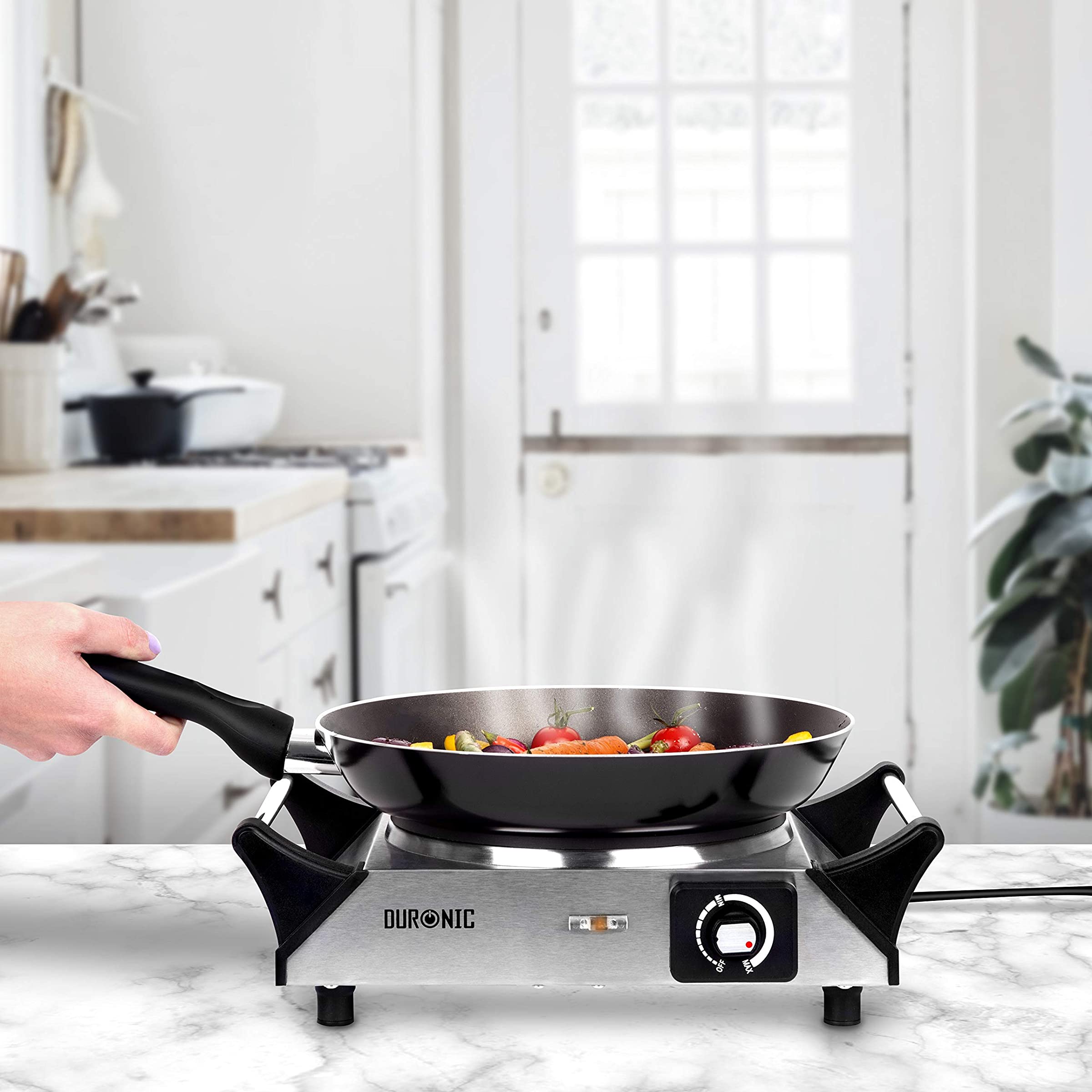 Duronic HP1 SS Kochplatte | elektrische Einzelkochplatte | Herdplatte | Kochfeld aus Edelstahl | rostfreier Stahl | stufenlos einstellbare Temperatur | Tragegriffe | 1500 Watt | Camping