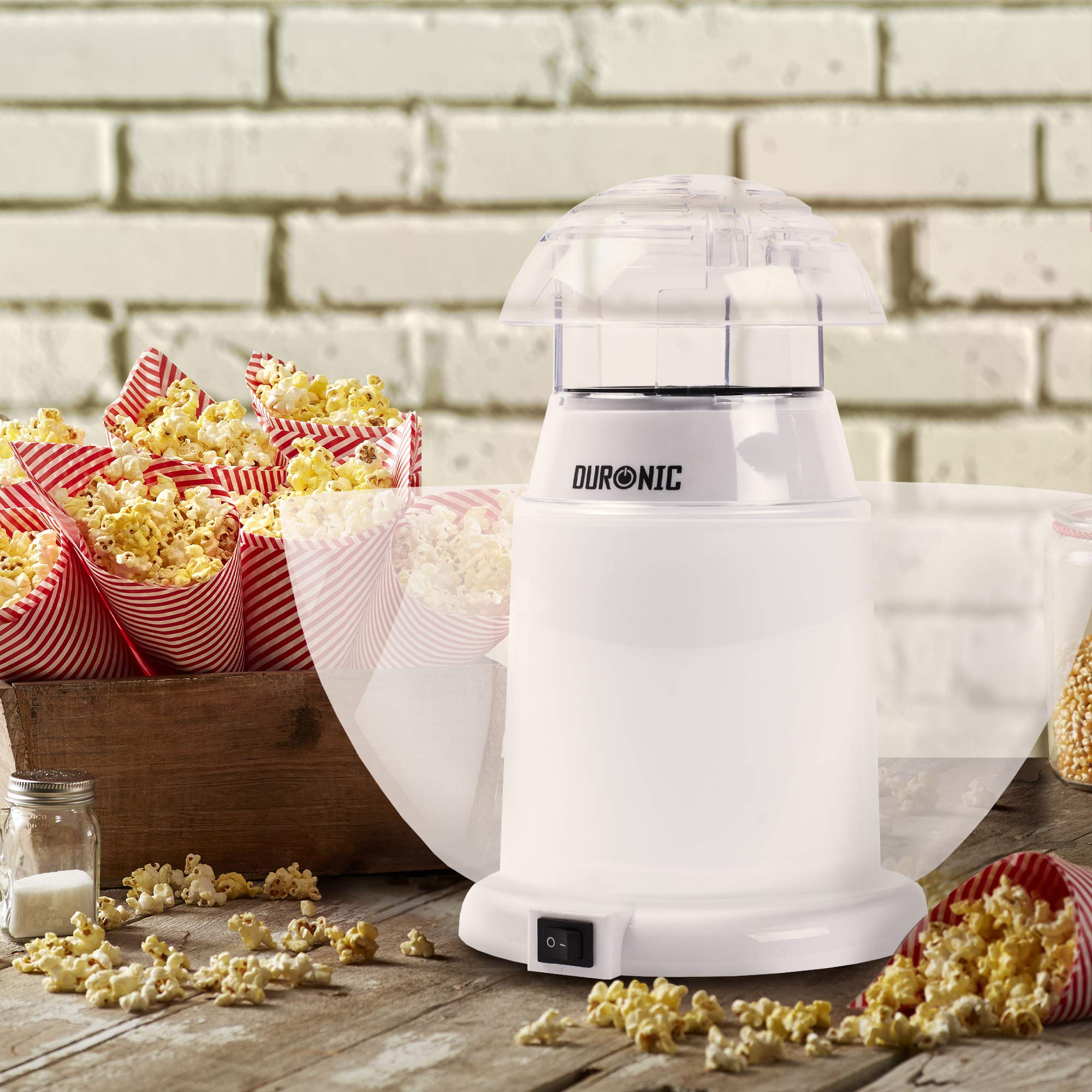 Duronic POP50 WE Popcornmaschine | Heißluft ohne Fett & Öl | 1200 Watt | inkl. Messbecher | für 50 Gramm Mais | abnehmbare Schüssel | Ölfreies Popcorn | Kalorienarm | Weiß