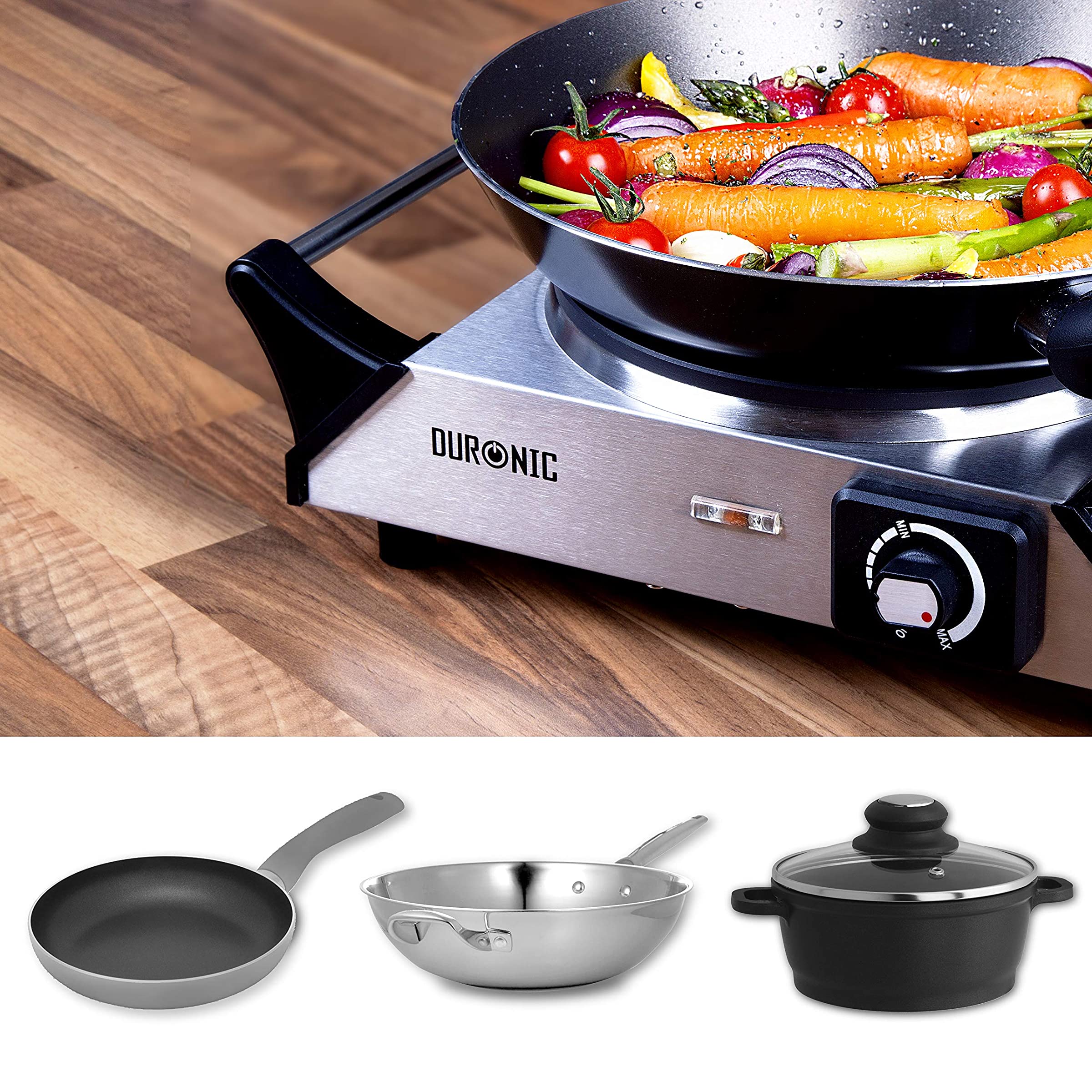 Duronic HP1 SS Kochplatte | elektrische Einzelkochplatte | Herdplatte | Kochfeld aus Edelstahl | rostfreier Stahl | stufenlos einstellbare Temperatur | Tragegriffe | 1500 Watt | Camping