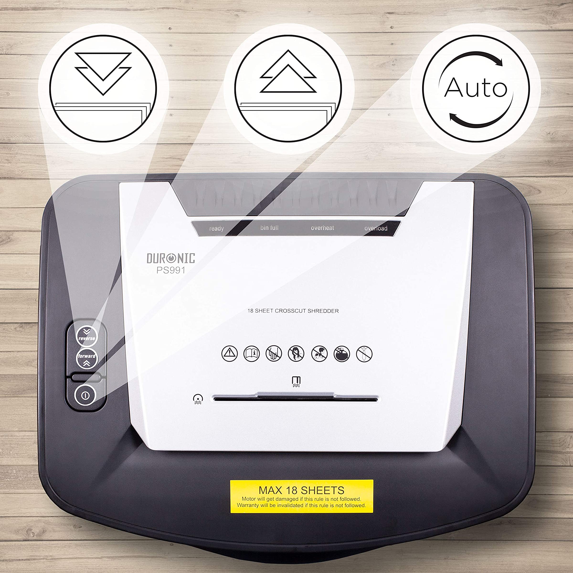 Duronic PS991 Aktenvernichter | 18 Blatt Partikelschnitt P4 | 31 Liter Papierkorb | Kreuzschnitt Schredder für Datenschutz | Zerkleinerer für Kreditkarten und CD | Reisswolf mit Start-Stopp-Automatik