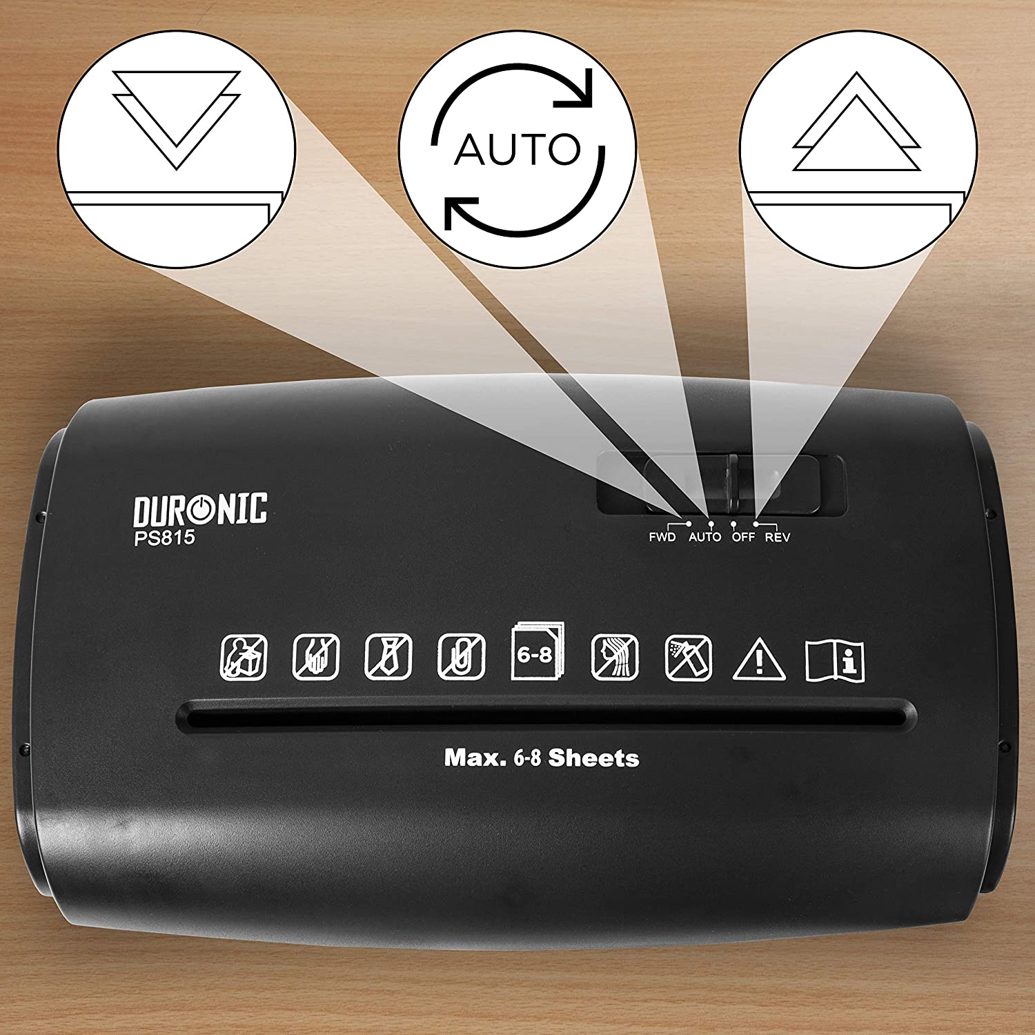 Duronic PS815 Aktenvernichter Bedienfeld Aus Zurück Vor Automatik