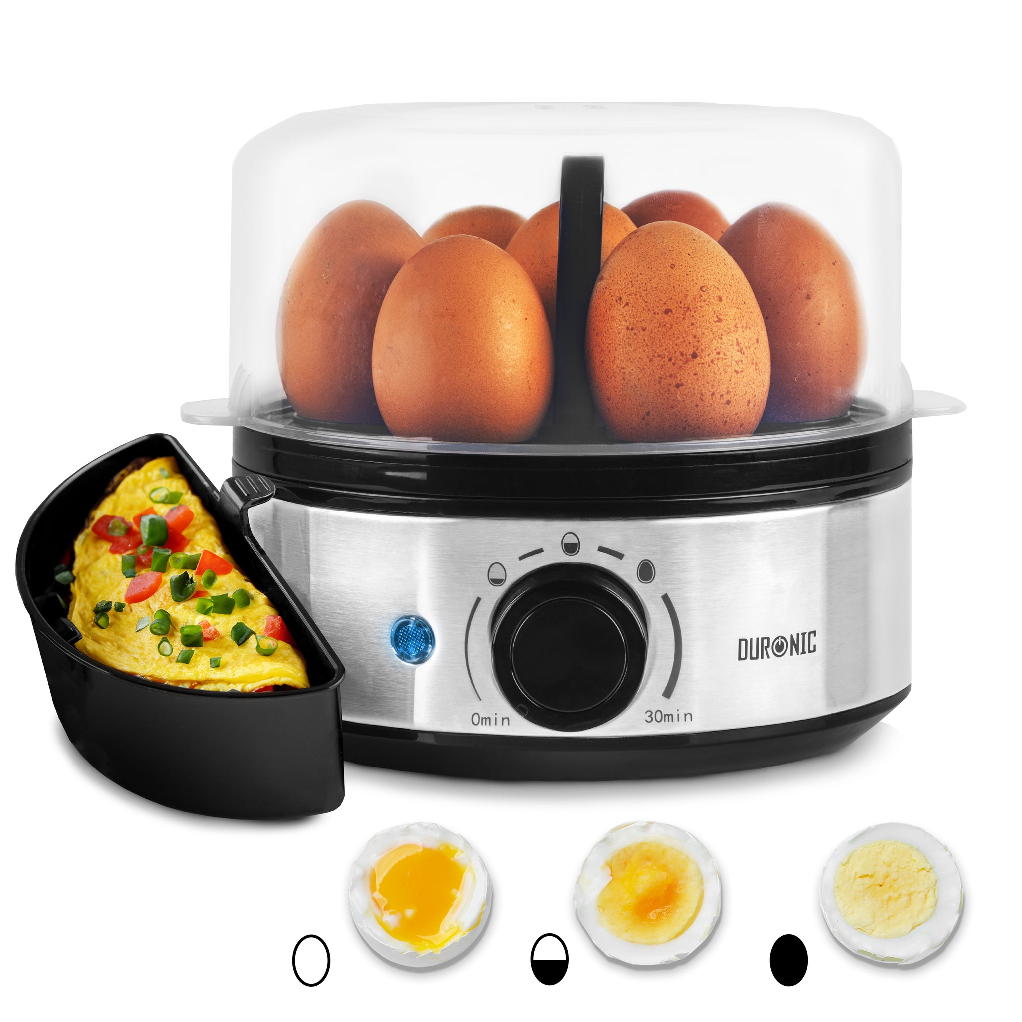 Duronic EB50 BK Eierkocher für 7 Eier, 400 Watt, Härtegrad von weich bis hart, mit Timer, mit Messbecher und Eipick, Frühstücksei für Familie