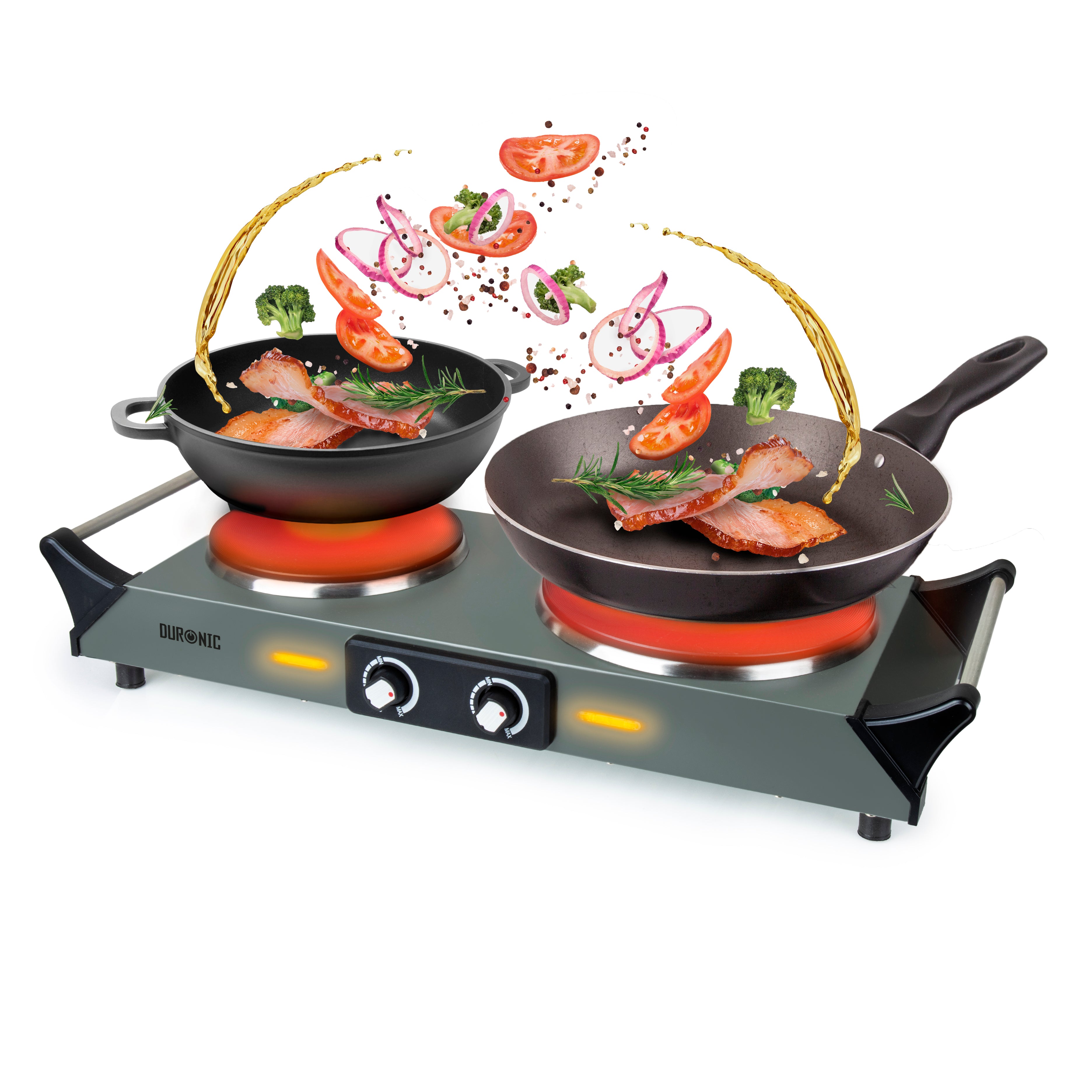 HP2 GG Kochplatten elektrisch, Camping Herdplatte Elektro, 2500W, Indoor Elektroherd, Doppel-Kochplatte für Küche oder Büro, mit Tragegriffe