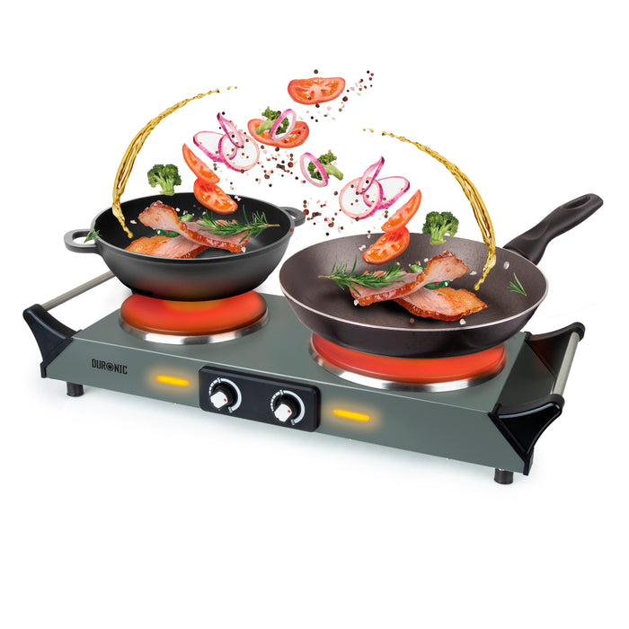 HP2 GG Kochplatten elektrisch, Camping Herdplatte Elektro, 2500W, Indoor Elektroherd, Doppel-Kochplatte für Küche oder Büro, mit Tragegriffe
