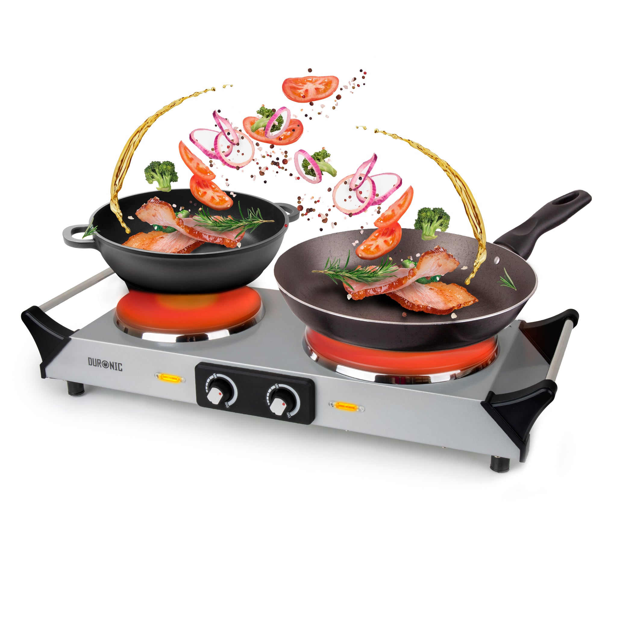 Duronic HP2 SS Herdplatte, Campingkocher mit 2 Kochfelder, Elektro Kochplatte für Camping, Büro, oder Küche, Doppelkochplatte mit stufenloser Temperatureinstellung, Doppel Kochplatte 2400 Watt