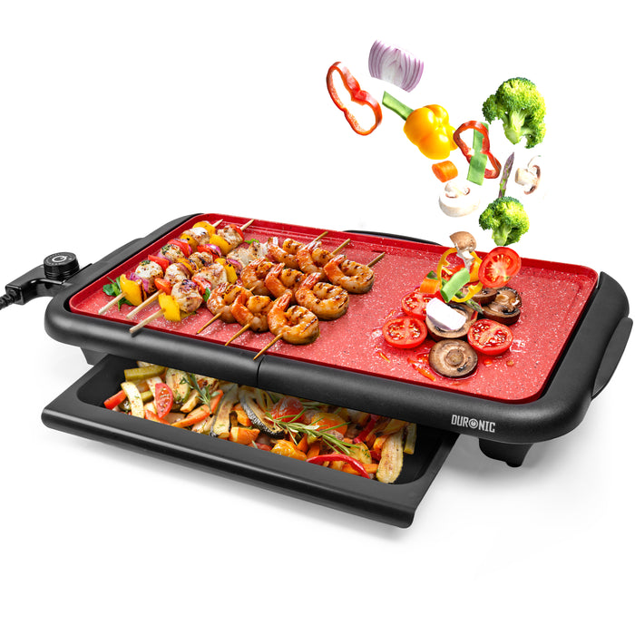 Duronic GP25 elektrischer Tischgrill 2000 W, Antihaftbeschichtung, rot, Barbecue Elektrogrill, einfache Reinigung, Easygrill für Fleisch und Gemüse, extragroße Grillfläche, Teppanyaki, Plancha