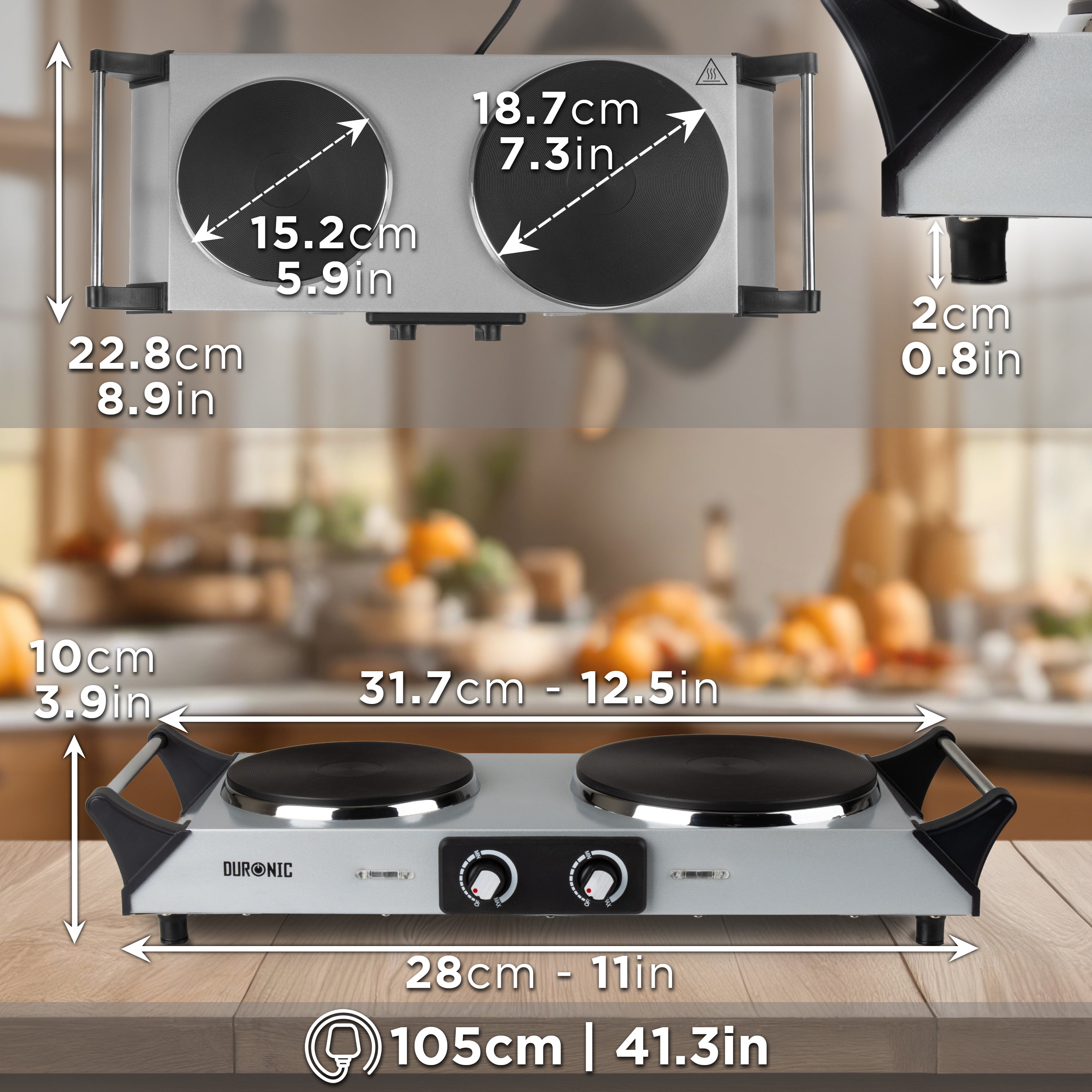 Duronic HP2 SS Herdplatte, Campingkocher mit 2 Kochfelder, Elektro Kochplatte für Camping, Büro, oder Küche, Doppelkochplatte mit stufenloser Temperatureinstellung, Doppel Kochplatte 2400 Watt