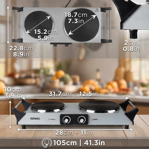 Duronic HP2 SS Herdplatte, Campingkocher mit 2 Kochfelder, Elektro Kochplatte für Camping, Büro, oder Küche, Doppelkochplatte mit stufenloser Temperatureinstellung, Doppel Kochplatte 2400 Watt