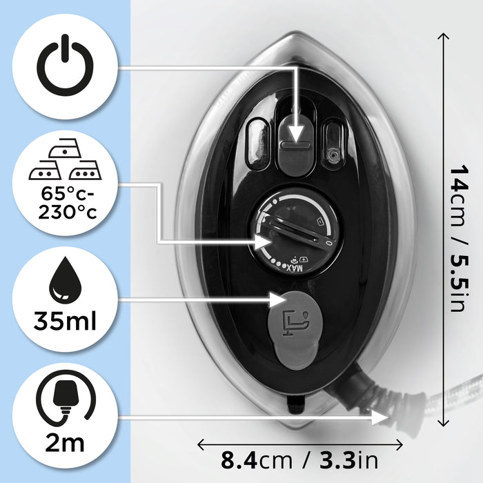 Duronic SI3 BK Mini Reisebügeleisen, 400W Mini Bügeleisen, Dampfbügeleisen 35ml Wassertank, kleines Reisebügeleisen Dampf, Handbügeleisen Keramikfläche, für Kleidung nähen, 2 Betriebsspannungen