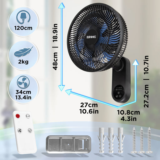 Duronic FN12 BK Wandventilator, Ventilator zur Montage, mit Fernbedienung | 3 Geschwindigkeiten, Wandkühler mit 50W, 60° Oszillation für gute Luftzirkulation, Windmaschine mit Timer Funktion