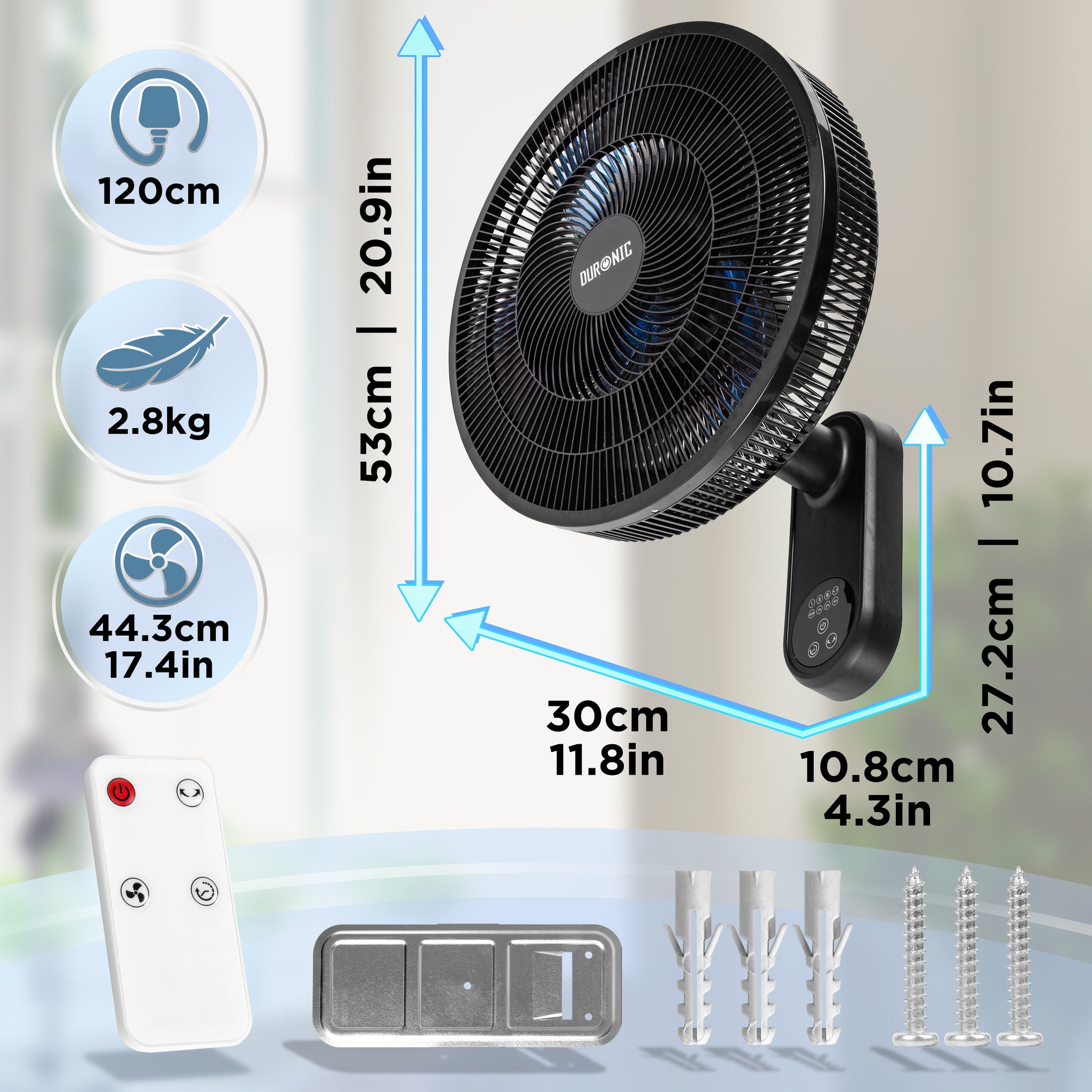 Duronic FN42 BK Wandventilator, Ventilator zur Montage, mit Fernbedienung | 3 Geschwindigkeiten, Wandkühler mit 50W, 60° Oszillation für gute Luftzirkulation, Windmaschine mit Timer Funktion