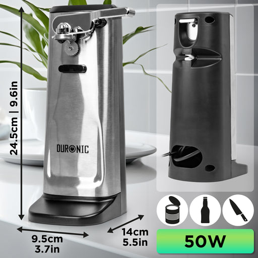 Duronic CO60 Dosenöffner, elektrischer Büchsenöffner für bis zu 600 ml Konservendosen, 3-in-1 automatischer Konservenöffner mit Messerschärfer und Flaschenöffner