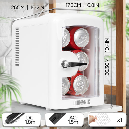 Duronic MFW4 WE Mini Kühlschrank, 4 L Getränkekühlschrank für bis zu 6 Dosen, Für 12V Auto Zigarettenanzünder oder 230V Steckdose, Mini Retro Fridge
