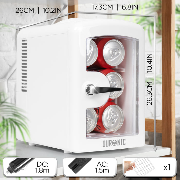 Duronic MFW4 WE Mini Kühlschrank, 4 L Getränkekühlschrank für bis zu 6 Dosen, Für 12V Auto Zigarettenanzünder oder 230V Steckdose, Mini Retro Fridge