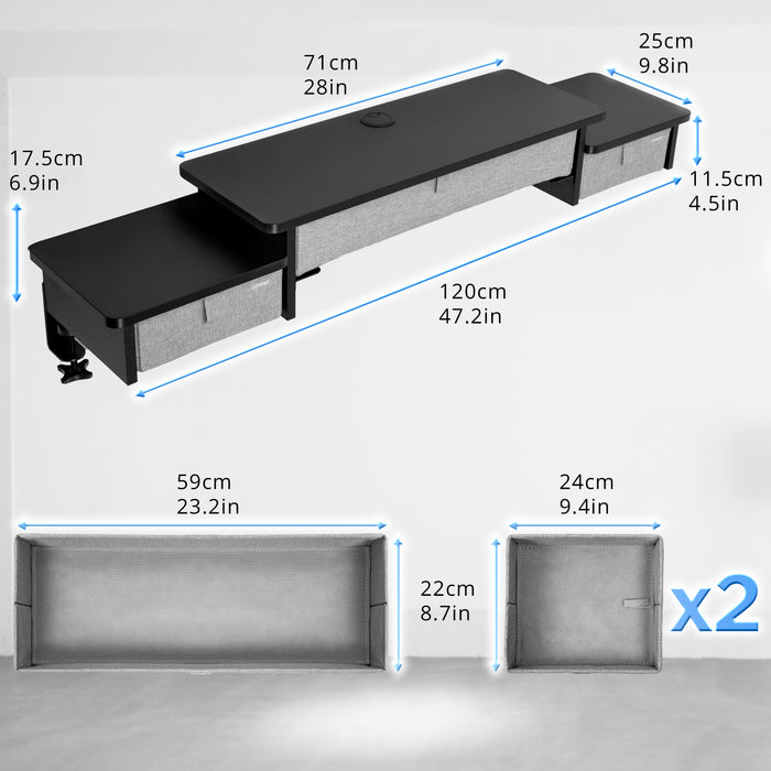 Duronic DD4 BK Schreibtischaufsatz, Schreibtisch Regal mit Tischklemmen 120 x 25 x 17,5 cm, Monitorständer mit Schubladen, Gaming Home Office Organizer, Tastatur unter Monitor, Monitorerhöhung