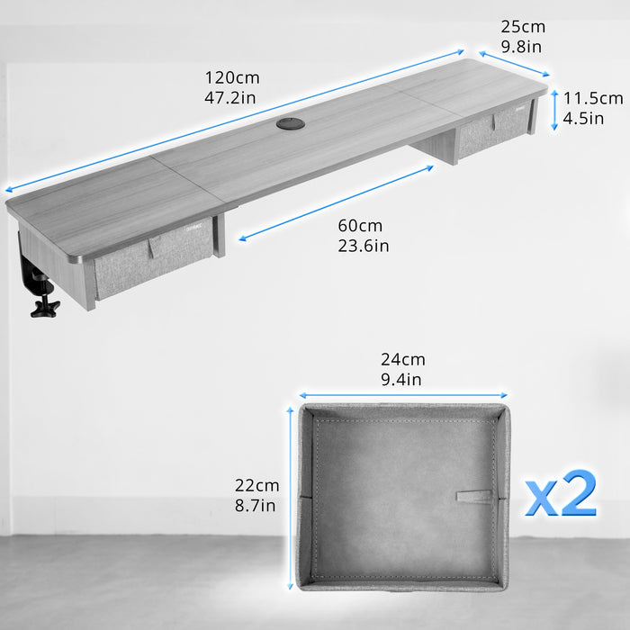 Duronic DD2 GY Schreibtischaufsatz für 2 Monitore, Schreibtisch Erweiterung mit Schubladen, 120 x 25 x 11,5 cm, Monitorerhöhung mit Tischklemmen, Gaming Home Office Monitorständer, Extra Breit
