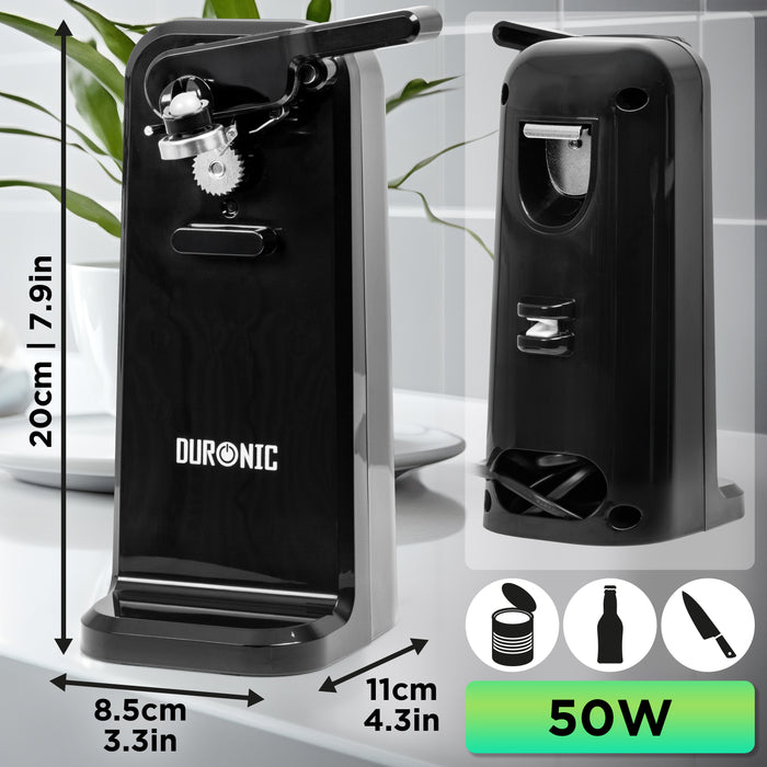 Duronic CO40 BK Dosenöffner, elektrischer Büchsenöffner für bis zu 600 ml Konservendosen, 3-in-1 automatischer Konservenöffner mit Messerschärfer und Flaschenöffner