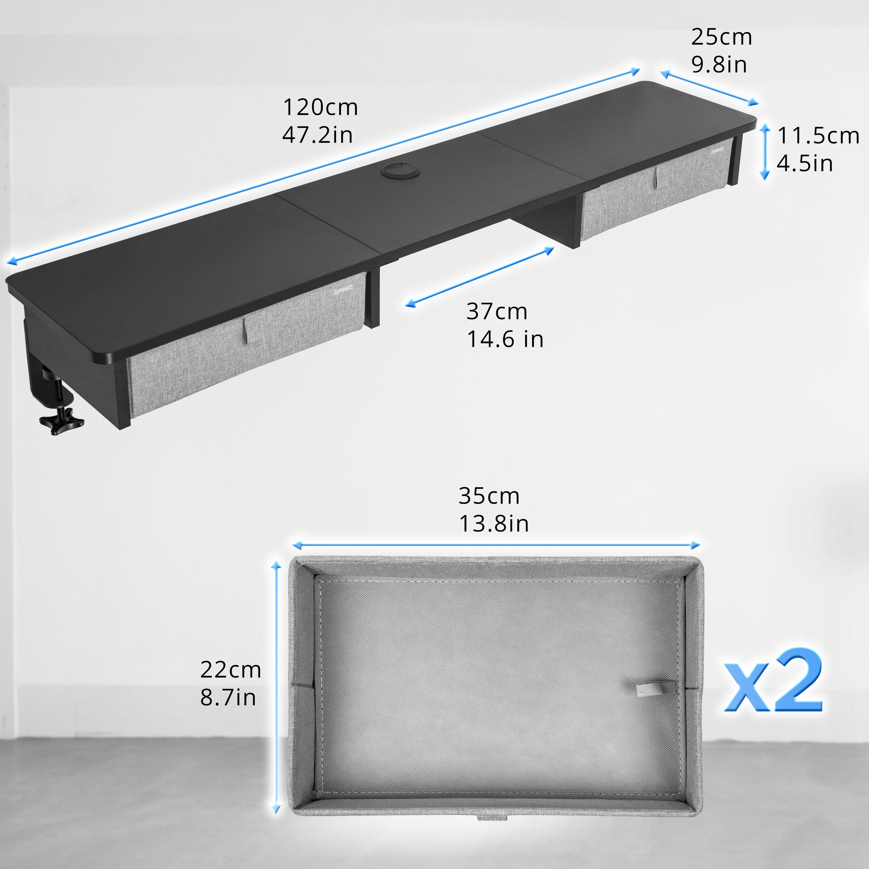 Duronic DD3 BK Monitorständer, breites Schreibtisch Regal 120 x 25 x 11,5 cm, Schreibtischaufsatz mit XXL Schubladen, Monitorerhöhung für 2 Monitore, rutschfeste Tischklemmen, Gaming Home Office