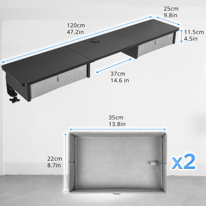 Duronic DD3 BK Monitorständer, breites Schreibtisch Regal 120 x 25 x 11,5 cm, Schreibtischaufsatz mit XXL Schubladen, Monitorerhöhung für 2 Monitore, rutschfeste Tischklemmen, Gaming Home Office