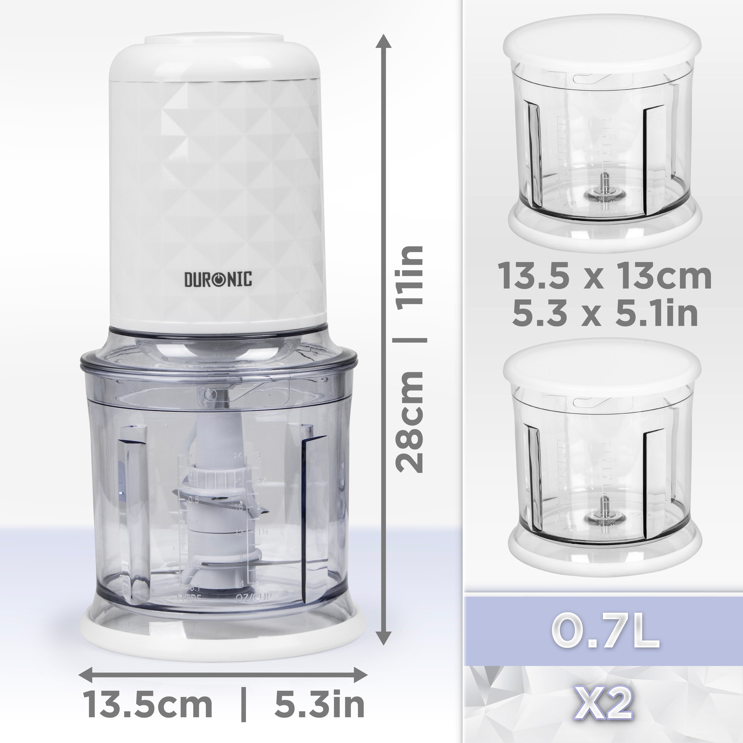 Duronic CH57 WE Elektrischer Zerkleinerer 500W, 2x 700 ml Schüsseln mit Deckel, Küchenmaschine für Gemüse, Obst, Nüsse & Kräuter, Ideal für Saucen, Püree & Babynahrung