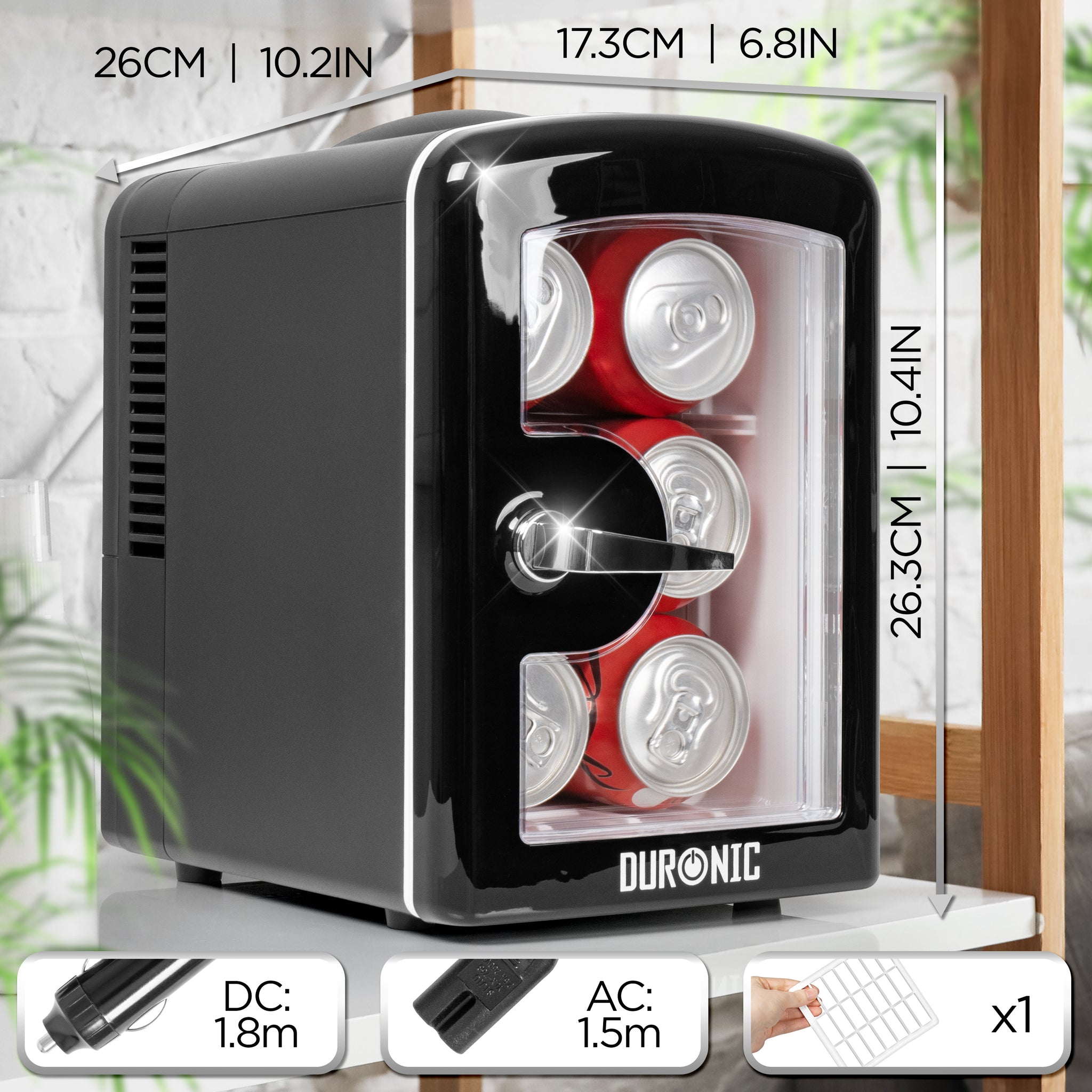 Duronic MFW4 BK Mini Kühlschrank, 4 L Getränkekühlschrank für bis zu 6 Dosen, Für 12V Auto Zigarettenanzünder oder 230V Steckdose, Mini Retro Fridge