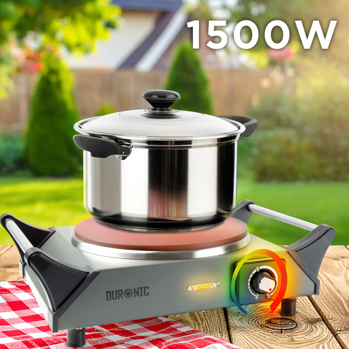 Duronic HP1 GG Herdplatte, Campingkocher mit 1 Kochfeld, Elektro Kochplatte Für Camping, Büro, oder Küche, Doppelkochplatte mit stufenloser Temperatureinstellung, Doppel Kochplatte 1500 Watt