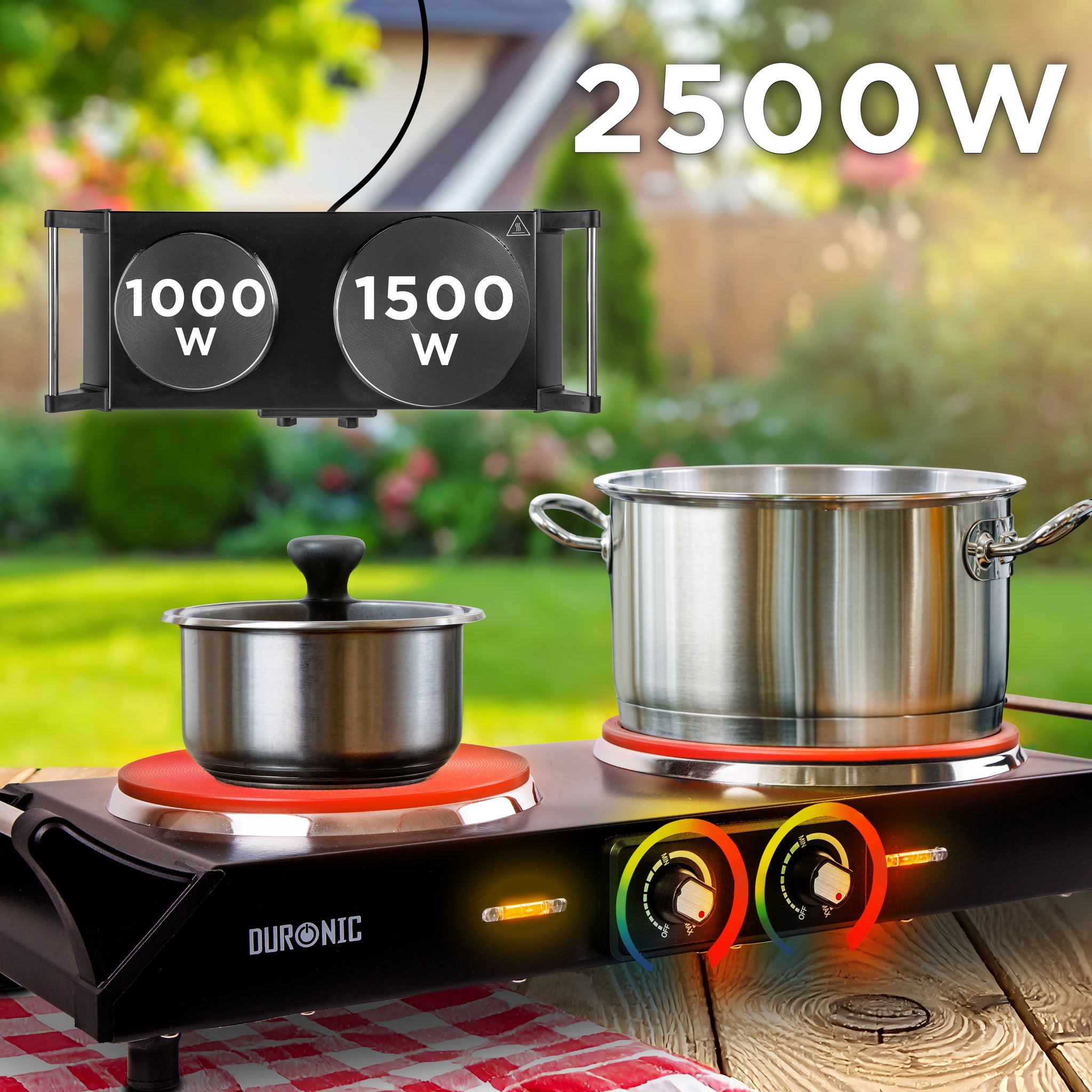 HP2 BK Kochplatten elektrisch, Camping Herdplatte Elektro, 2500W, Indoor Elektroherd, Doppel-Kochplatte für Küche oder Büro, mit Tragegriffe, Schwarz