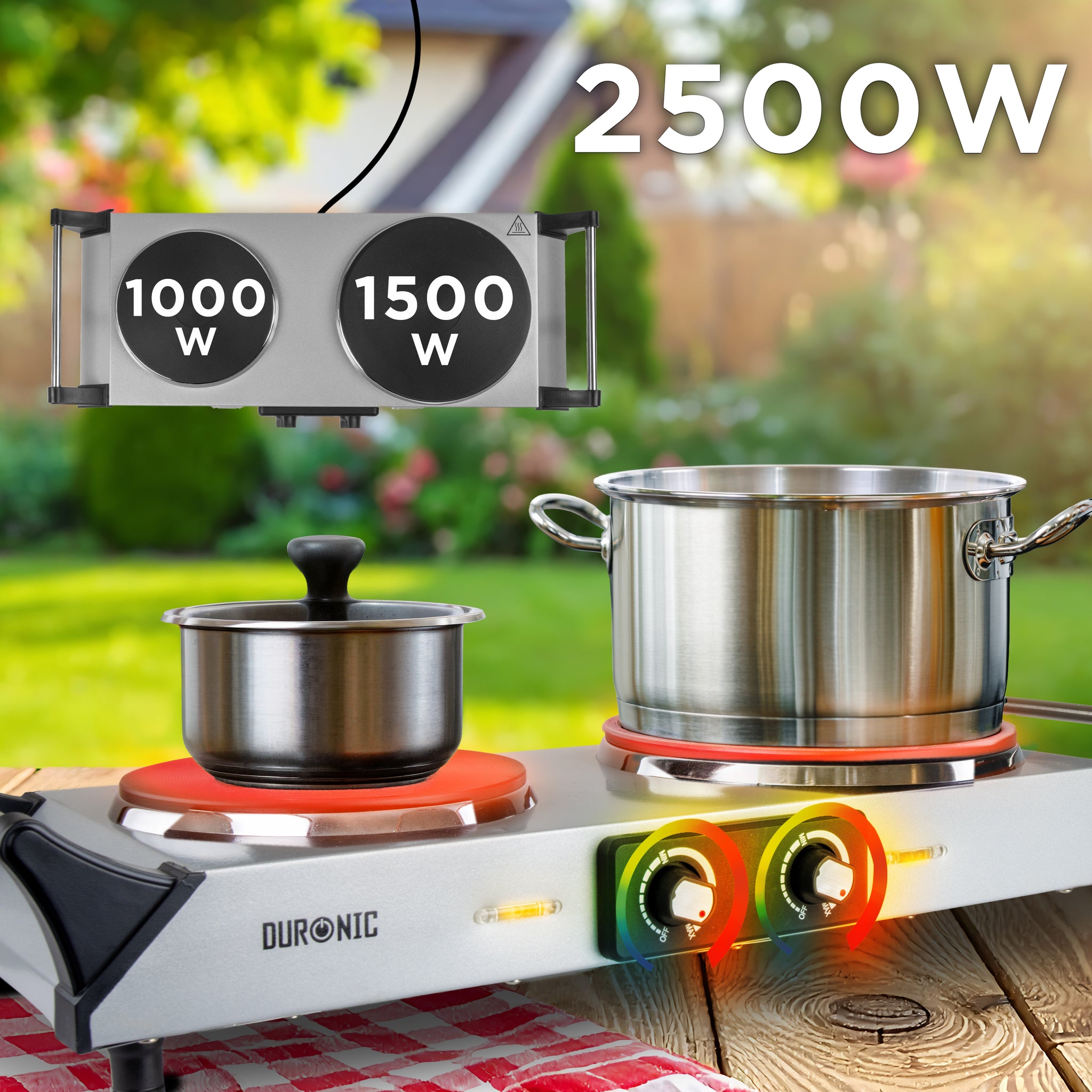 Duronic HP2 SS Herdplatte, Campingkocher mit 2 Kochfelder, Elektro Kochplatte für Camping, Büro, oder Küche, Doppelkochplatte mit stufenloser Temperatureinstellung, Doppel Kochplatte 2400 Watt