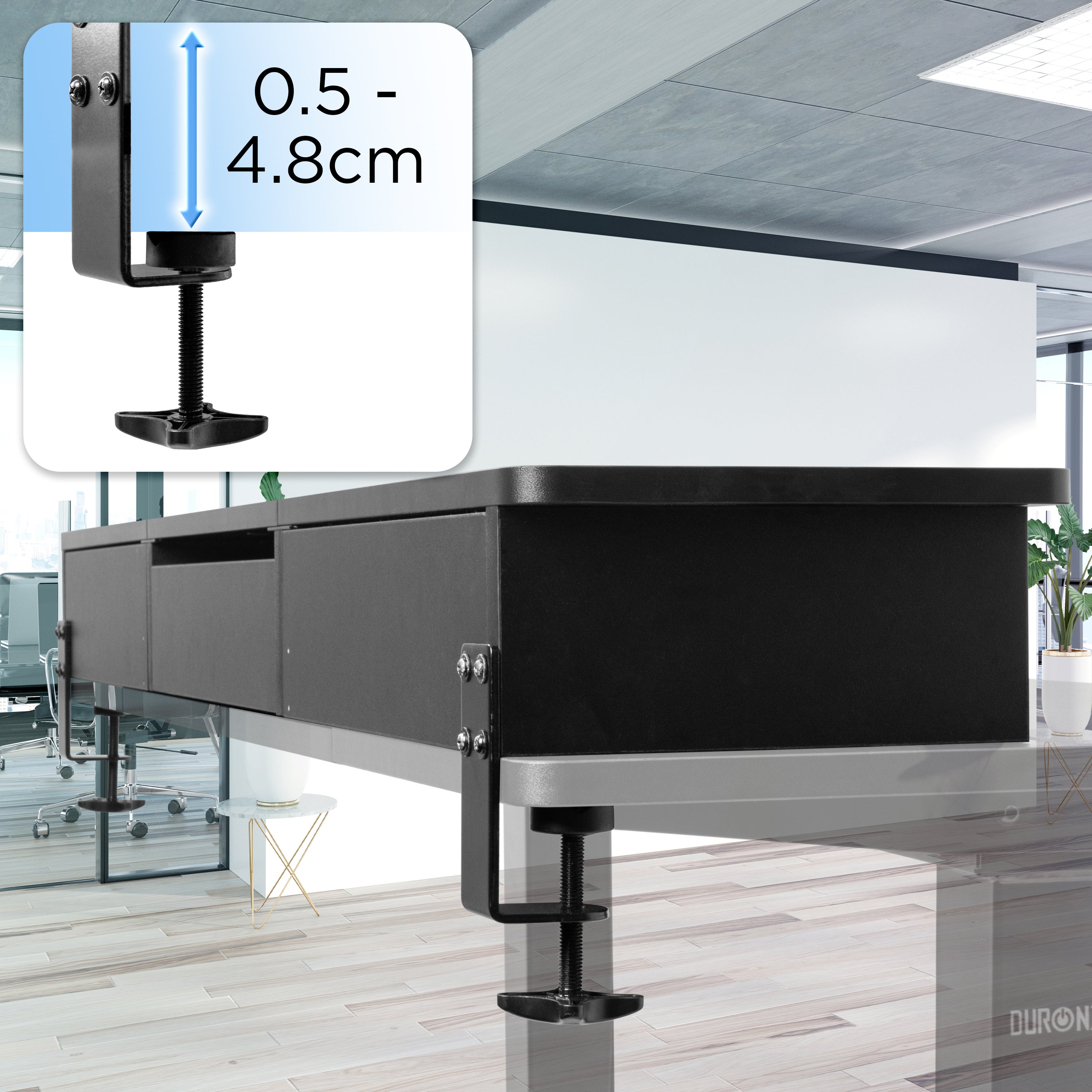 Duronic DD3 BK Monitorständer, breites Schreibtisch Regal 120 x 25 x 11,5 cm, Schreibtischaufsatz mit XXL Schubladen, Monitorerhöhung für 2 Monitore, rutschfeste Tischklemmen, Gaming Home Office