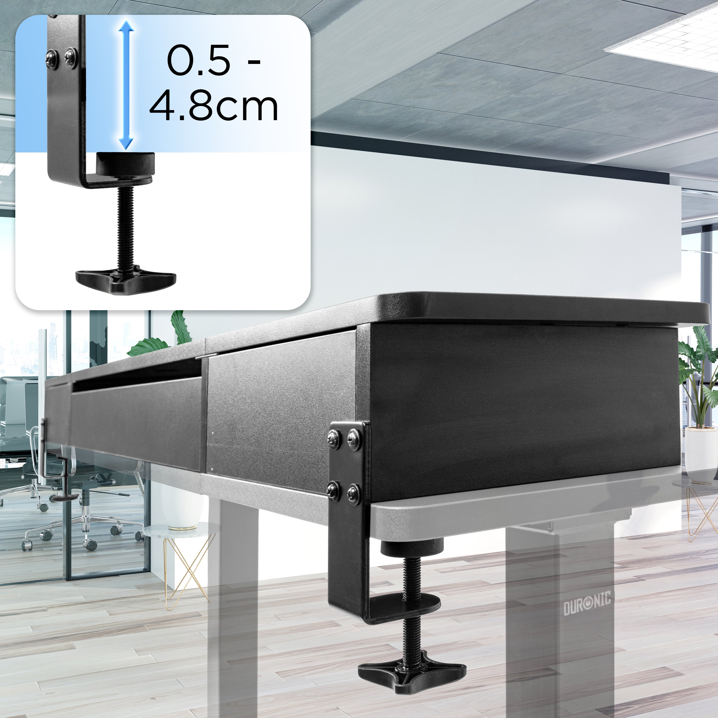 Duronic DD2 BK Schreibtischaufsatz für 2 Monitore, Schreibtisch Erweiterung mit Schubladen, 120 x 25 x 11,5 cm, Monitorerhöhung mit Tischklemmen, Gaming Home Office Monitorständer, Extra Breit