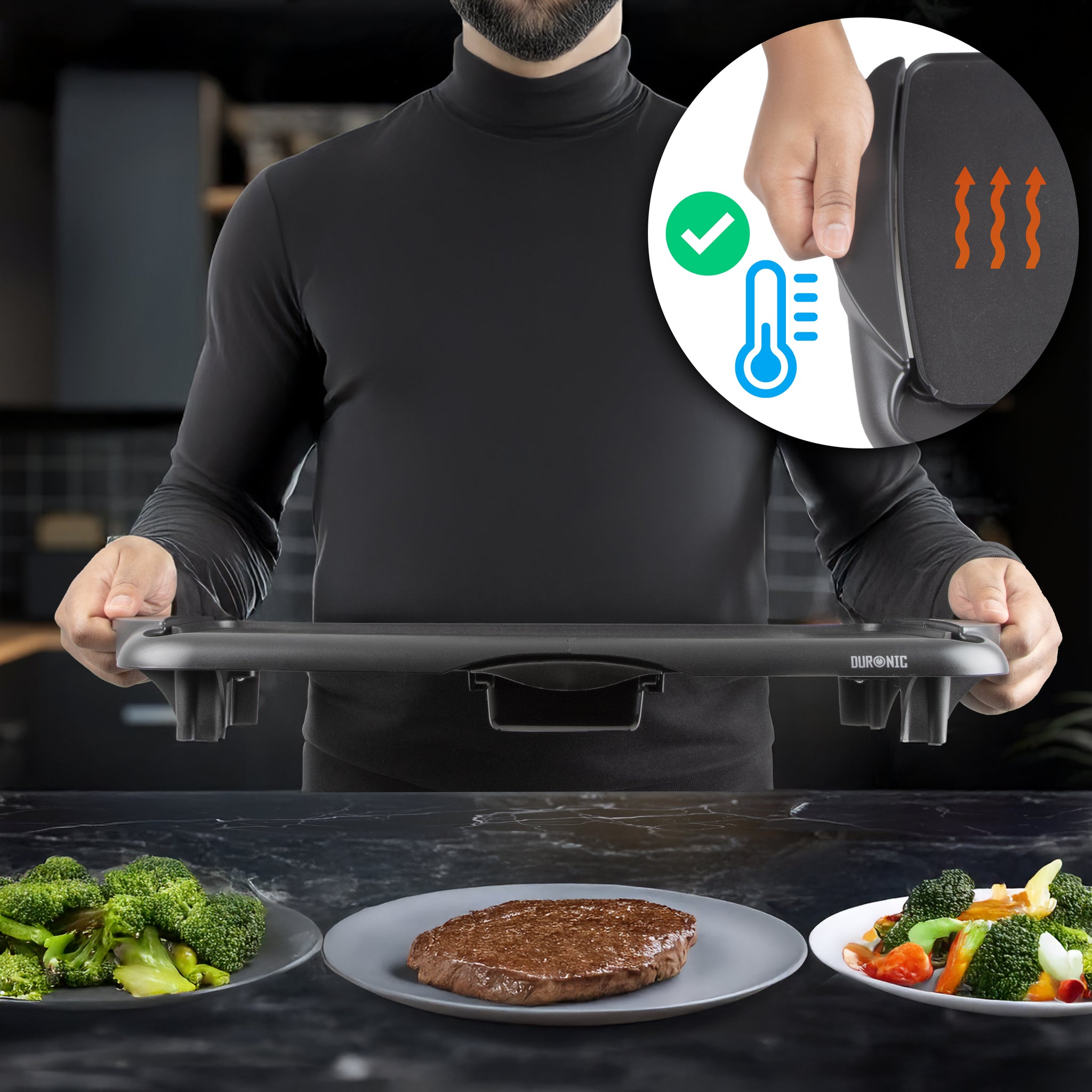 Duronic GP20 elektrischer Tischgrill 2000 W, Plancha Teppanyaki Grill, 52 x 27 cm Grillplatte, Flache Antihaft Oberfläche zur einfachen Reinigung, Stufenlose Temperatureinstellung, Okonomiyaki