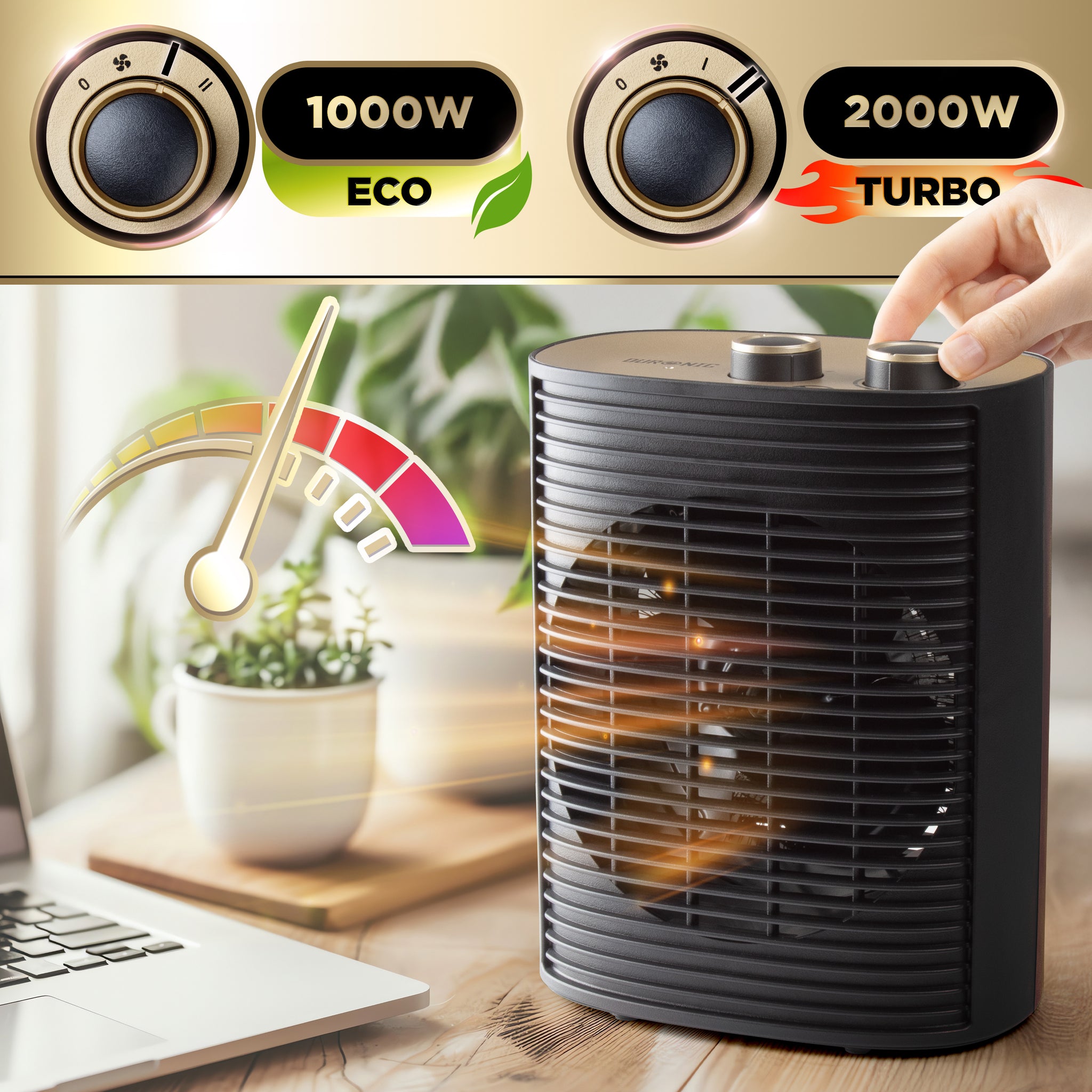 Duronic HV32 BK Heizlüfter, 2000 Watt Elektroheizung für Steckdose, kleine Mini Heizung als Fußwärmer, Elektroheizkörper mit 2 Stufen, Kaltfunktion