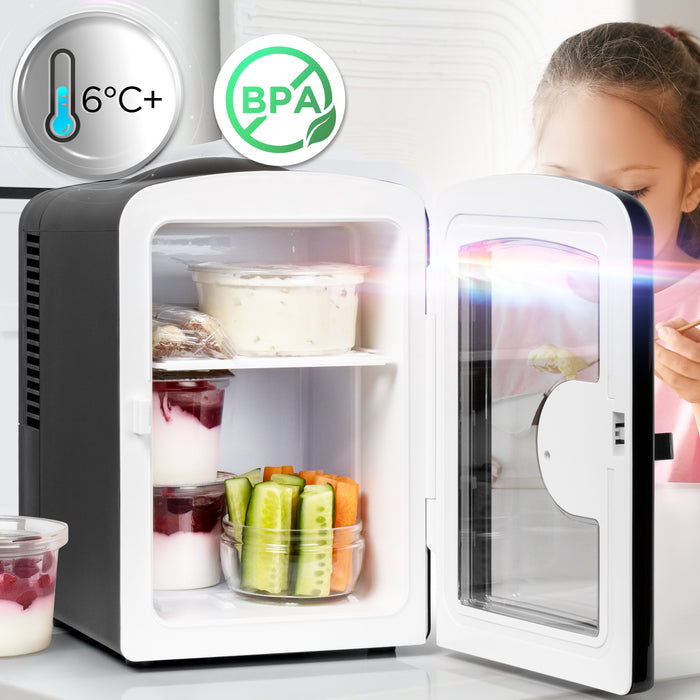 Duronic MFW4 BK Mini Kühlschrank, 4 L Getränkekühlschrank für bis zu 6 Dosen, Für 12V Auto Zigarettenanzünder oder 230V Steckdose, Mini Retro Fridge