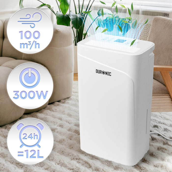 Duronic DH121 Luftentfeuchter, elektrischer Entfeuchter für 25 m² Räume, leiser Raumentfeuchter mit 2100ml Tank, gegen feuchte Fenster und Schimmel