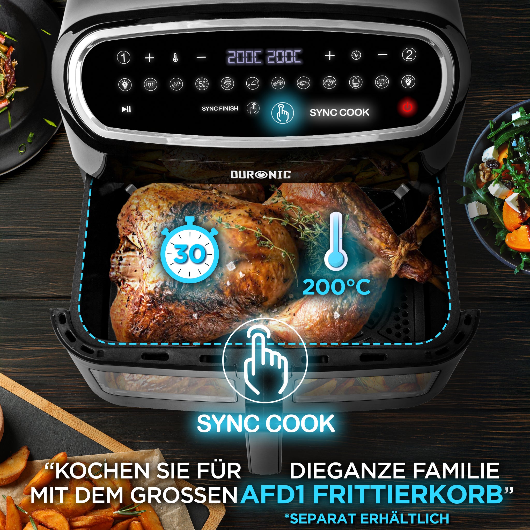 Duronic AF34 BK Heißluftfriteuse, Heißluftfritteuse für Süßkartoffel Pommes, Friteuse HLF 10L Volumen Heißluftfrittöse, Fritteuse für Rezepte ohne Öl