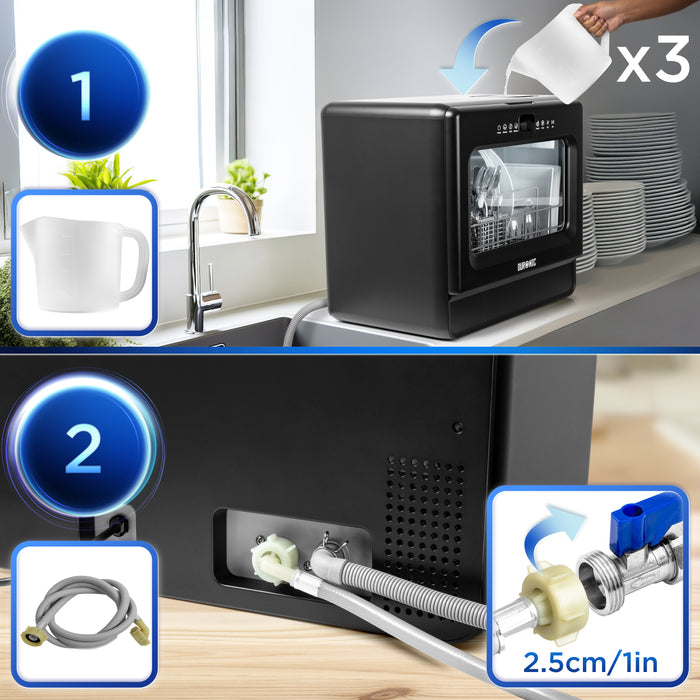 Duronic DW10 BK Spülmaschine, Mini Geschirrspüler bis 6 Personen, Tischgeschirrspüler mit 5 Liter Tank, Minispülmaschine für Singles, 6 Programme